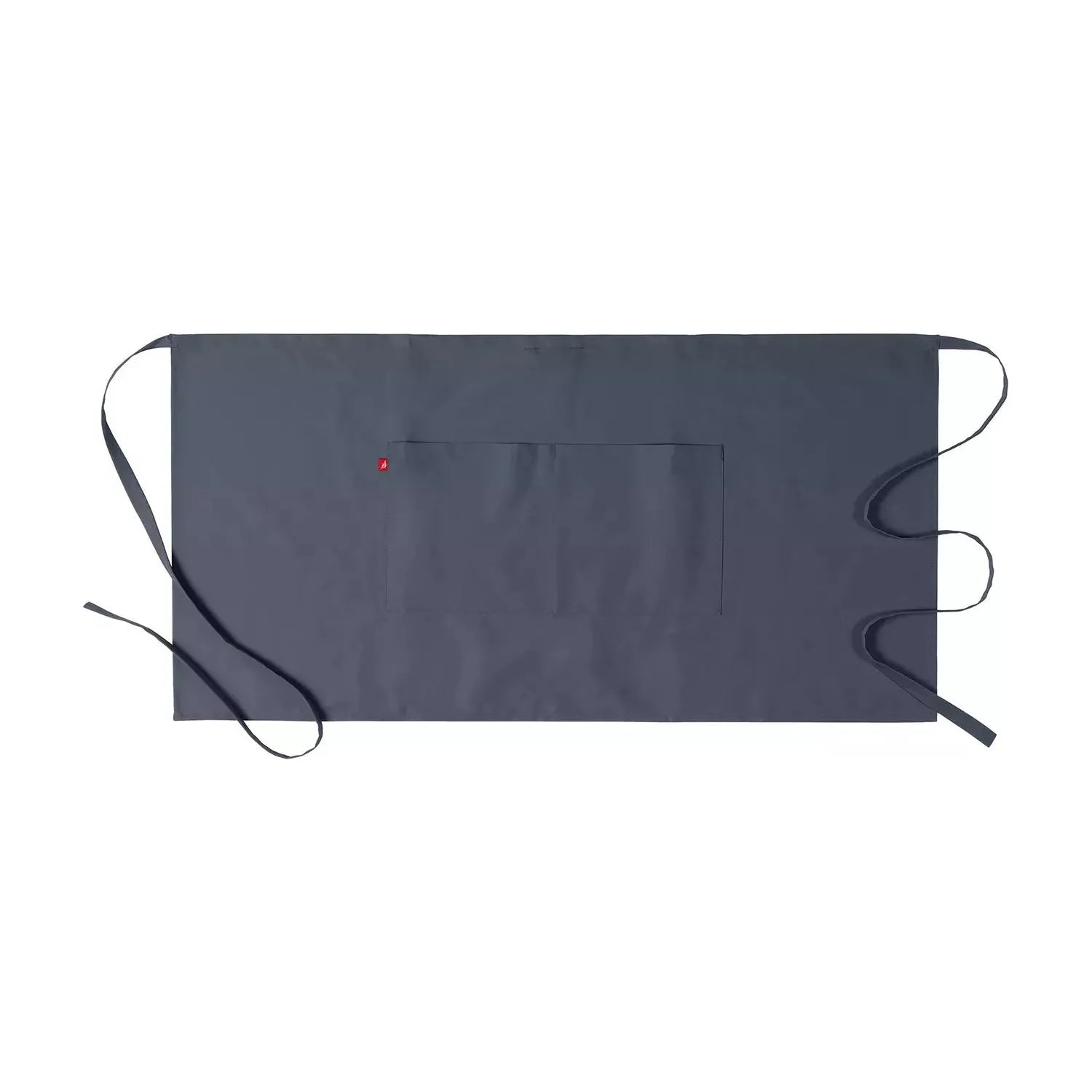 A grey waist apron with a front pocket and adjustable loops for hanging, made from a blend of recycled polyester and cotton.