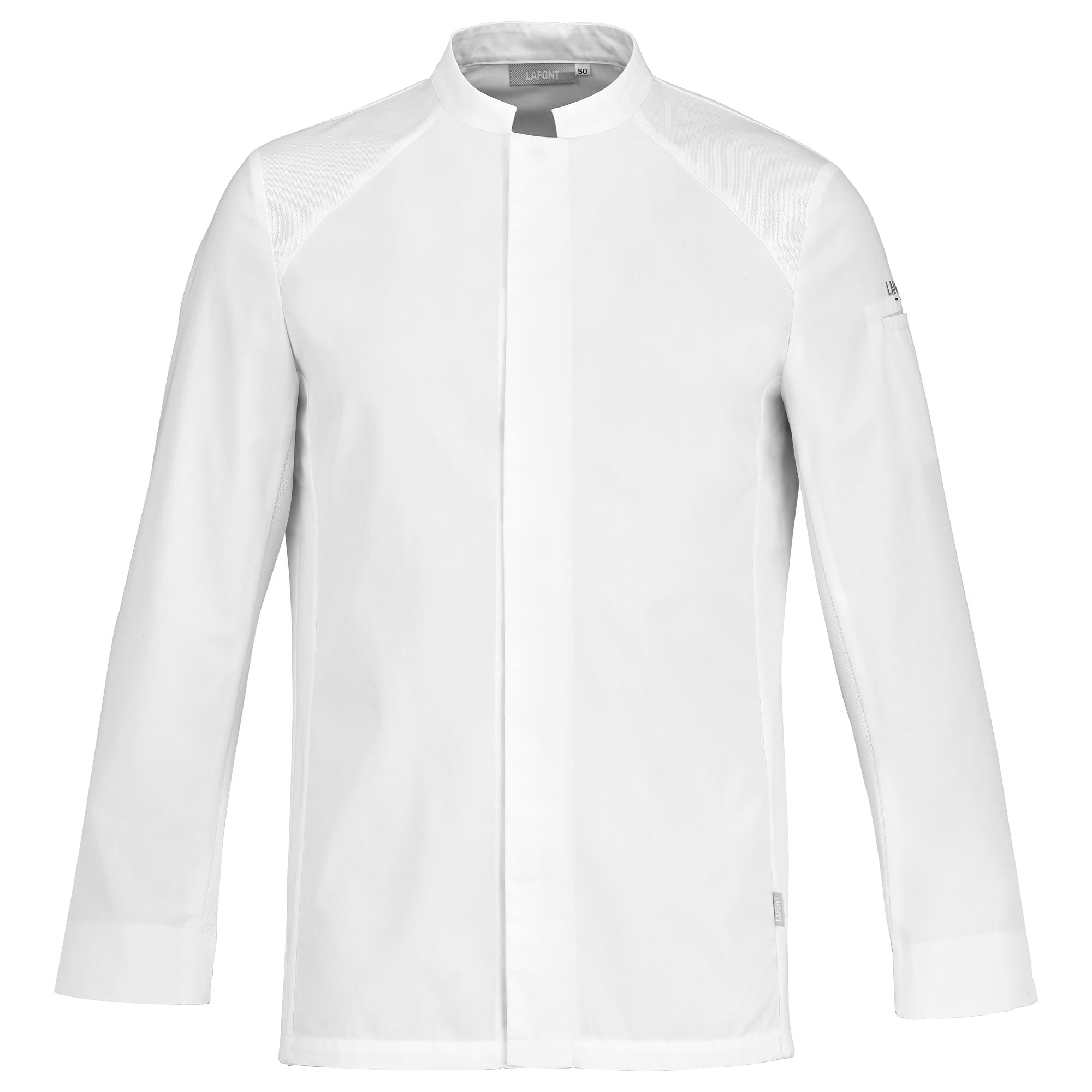 Front view of the best long-sleeve white chef coat with breathable side vents,and a mandarin collar, designed for men.