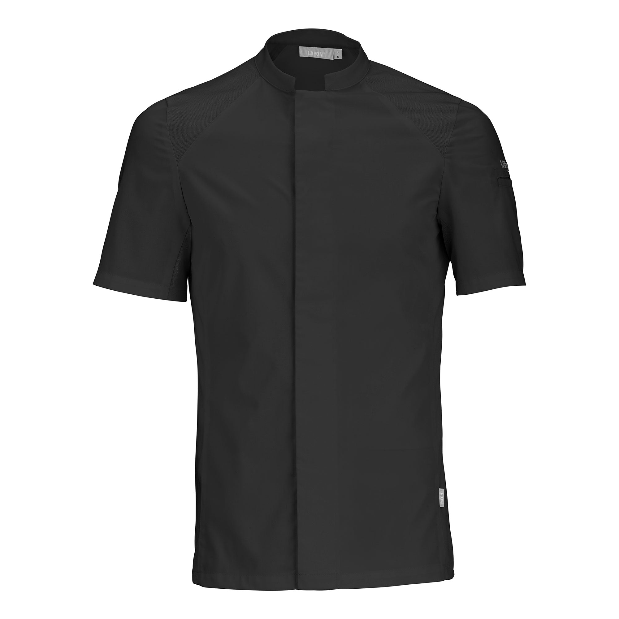 The front view of a short-sleeve black chef coat with a mandarin collar and side vents, designed for men. The coat has a hidden front fastening and is made from super-soft fabric.