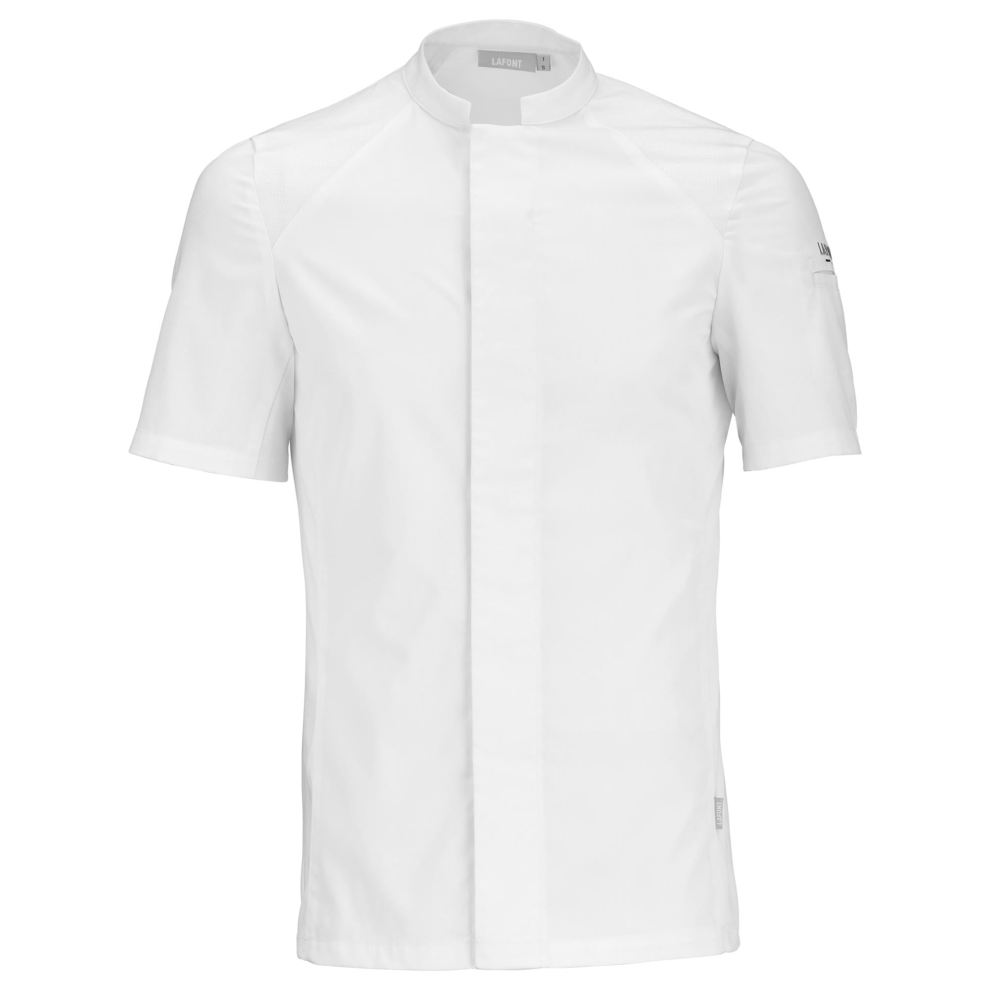Front view of a short-sleeve white chef coat with a mandarin collar, designed for men. The coat has a hidden front fastening and is made to be worn comfortably all day.