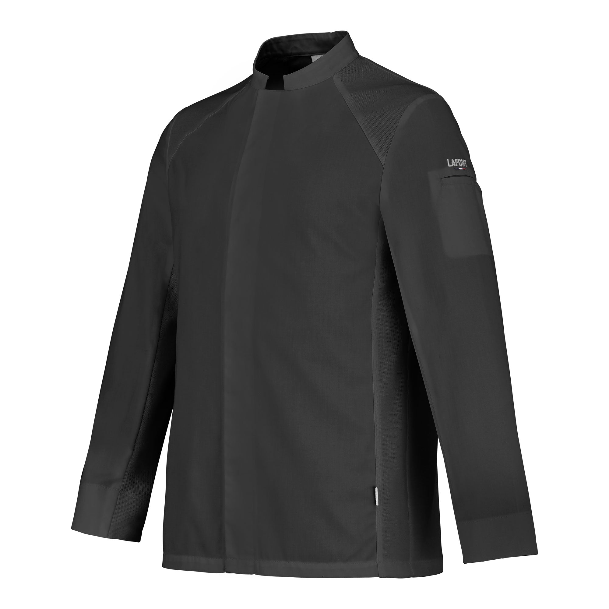 Side view of a long-sleeve black chef coat with breathable side vents, and a mandarin collar, designed for men.