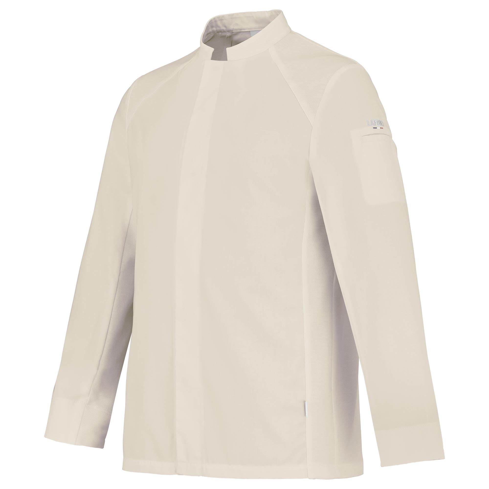 Side view of a men's long-sleeve beige chef coat with breathable side vents, and a mandarin collar.