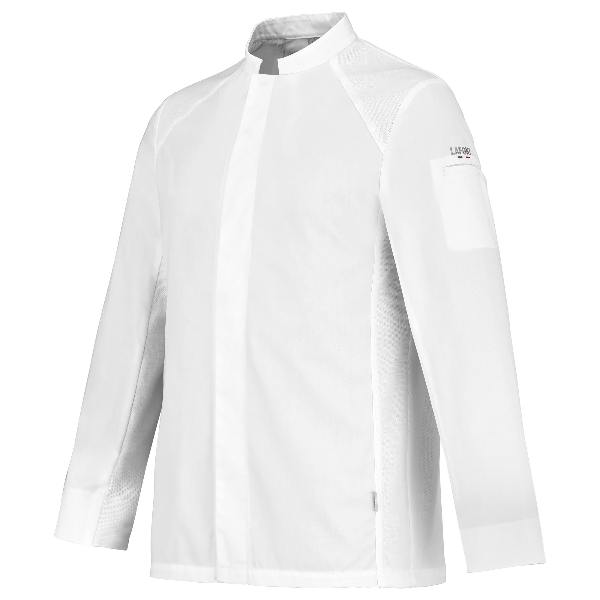 Side view of a long-sleeve white chef coat with breathable side vents, and a mandarin collar, designed for men.