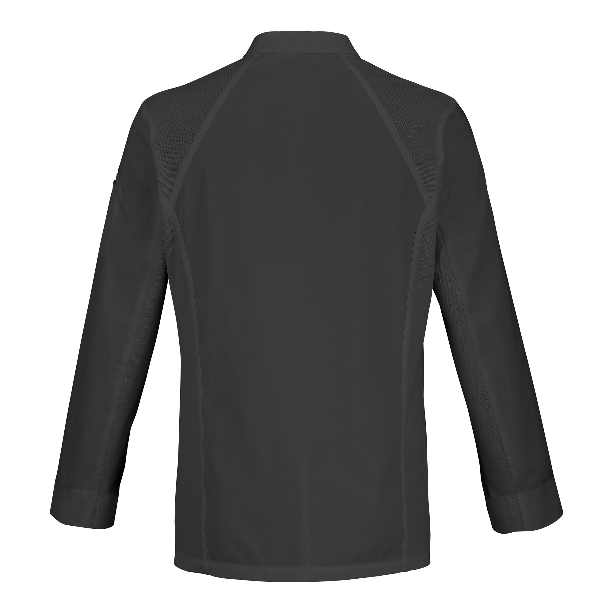 Back detail view of a men's long-sleeve black chef coat with breathable side vents, and a mandarin collar.