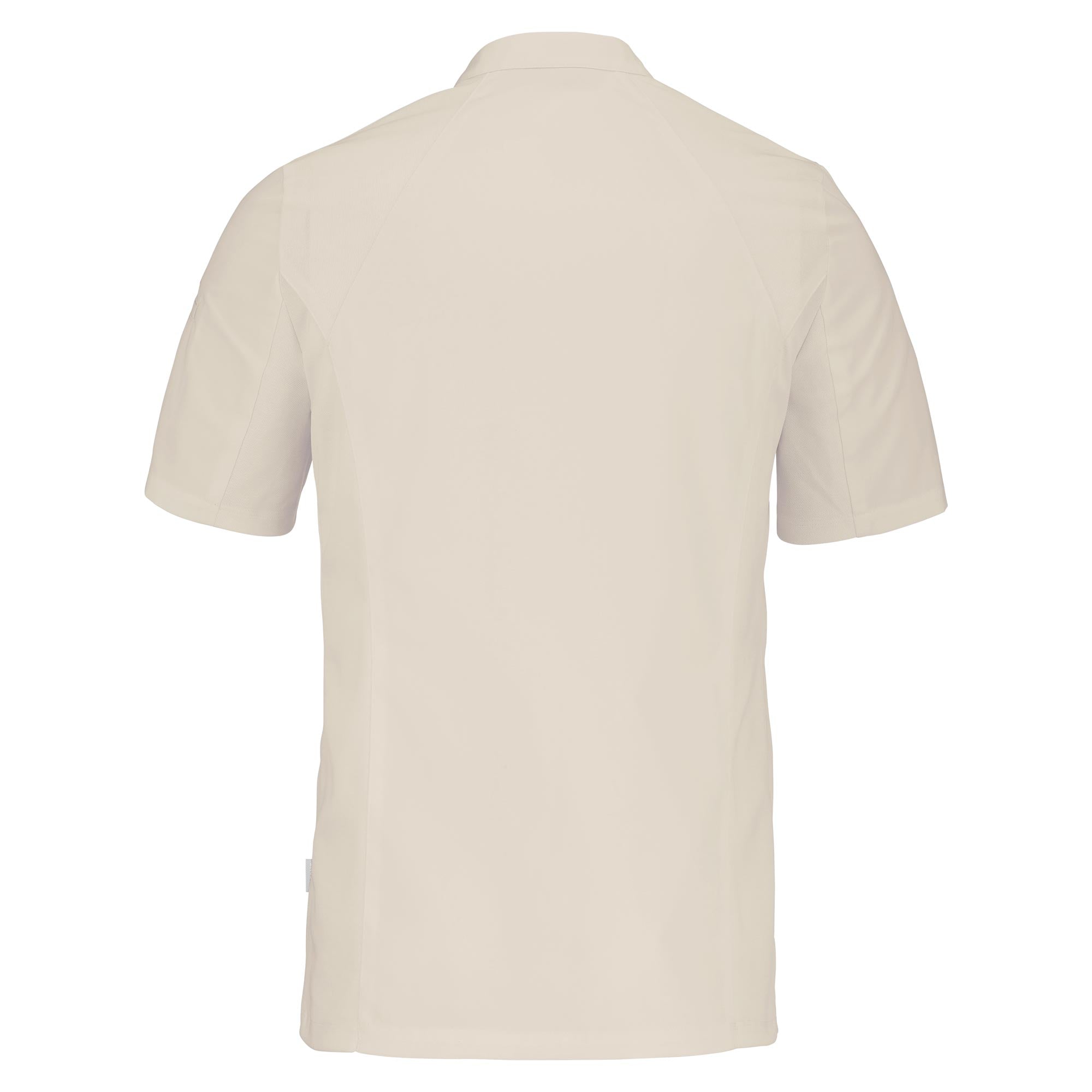Back view of a short-sleeve beige chef coat with a mandarin collar, designed for men. The coat has a hidden front fastening and is made to be worn comfortably all day.