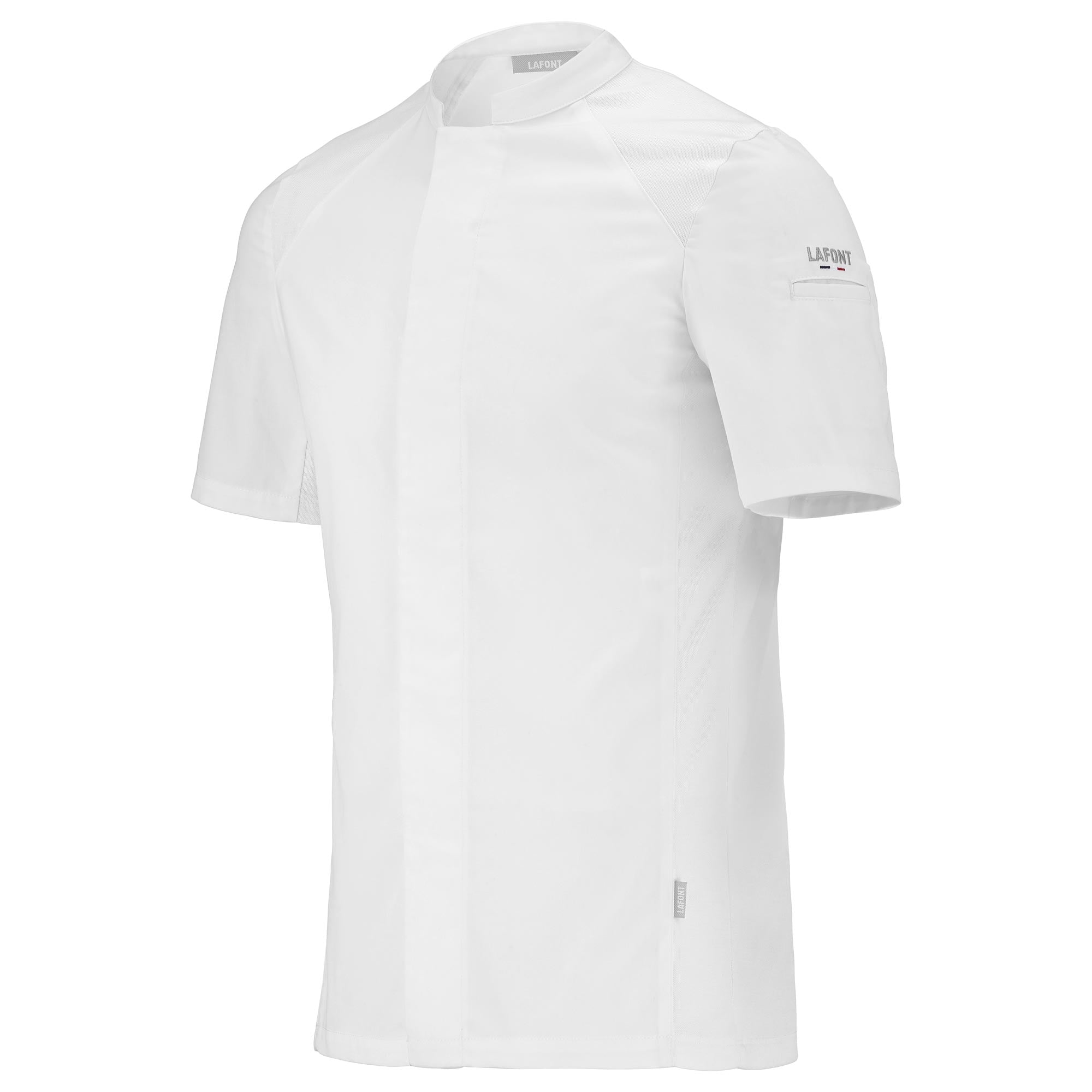 Side view of a short-sleeve white chef coat with a mandarin collar, designed for men. The coat has a hidden front fastening and is made to be worn comfortably all day.