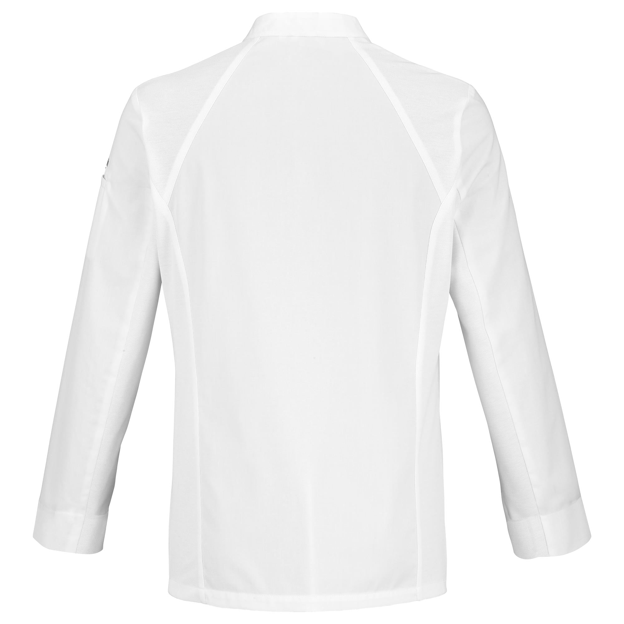 Back view of a long-sleeve white French chef coat with breathable side vents,and a mandarin collar, designed for men.
