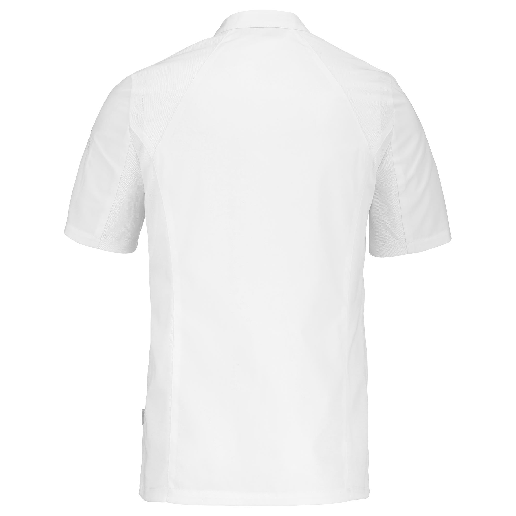 Back view of a short-sleeve white chef coat with a mandarin collar, designed for men. The coat has a hidden front fastening and is made to be worn comfortably all day.