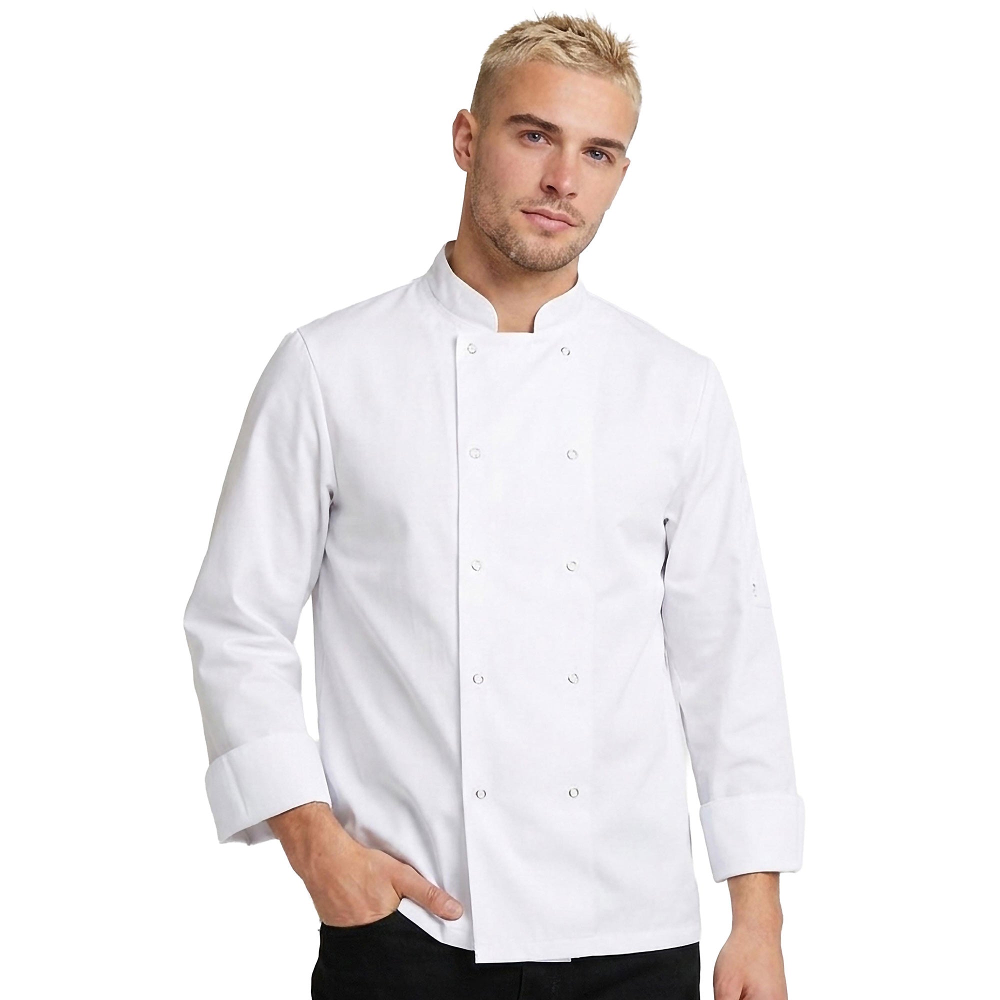 Man wearing a white long sleeve double breasted chef's coat on a white background