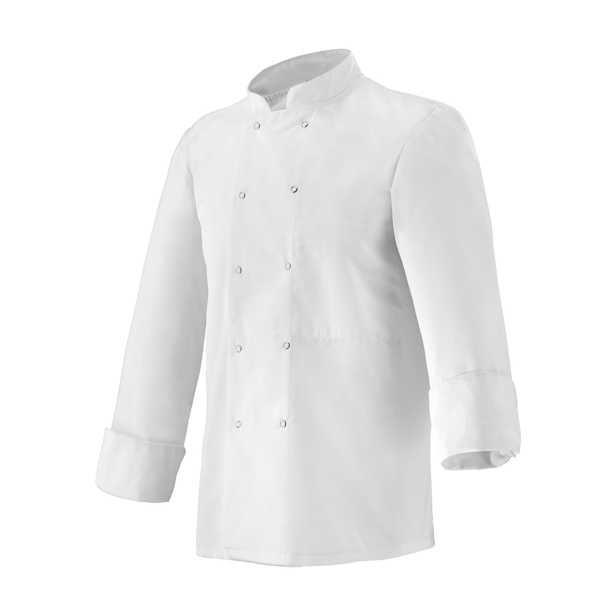 A white long-sleeve chef jacket with a stand collar, double-breasted with snap fasteners, and an inside chest pocket.