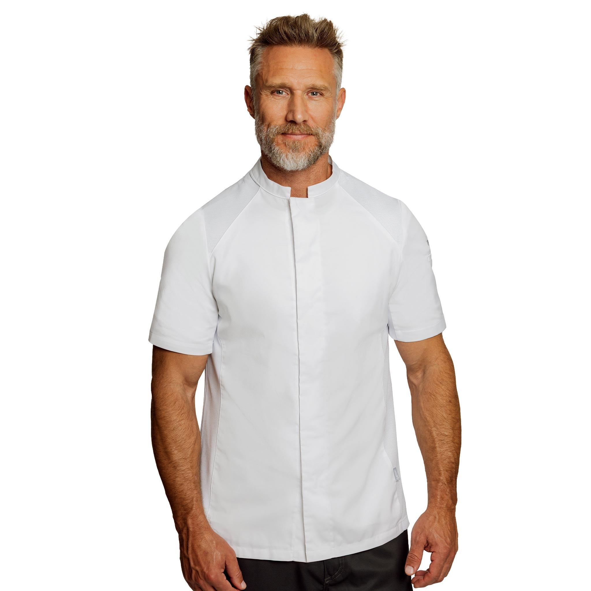 A Chef wearing a white short-sleeve chef jacket with a stand collar and hidden front snap closure,