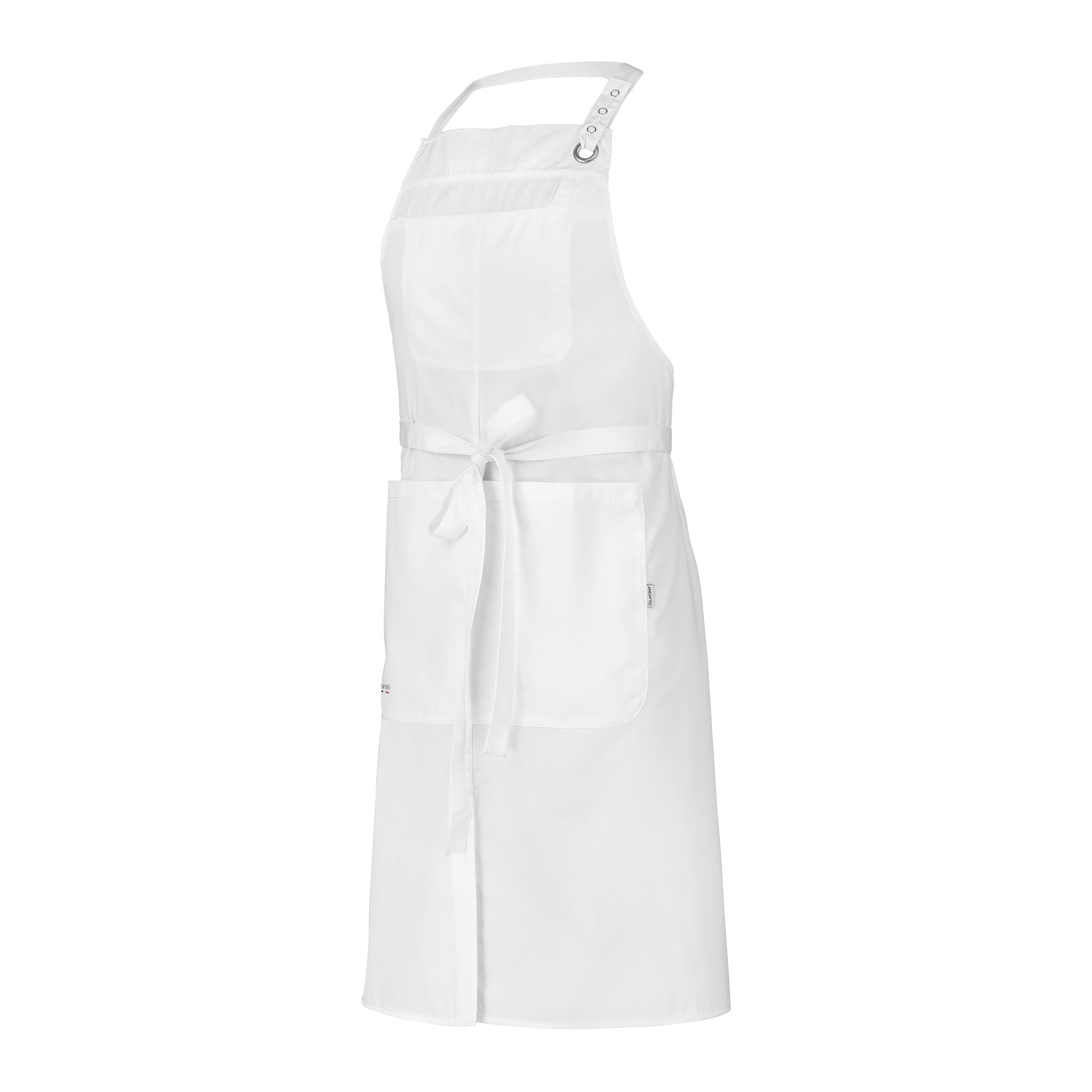 A white bib apron with an adjustable neck strap, a bib pocket, and a large twin-compartment pocket on the chest.