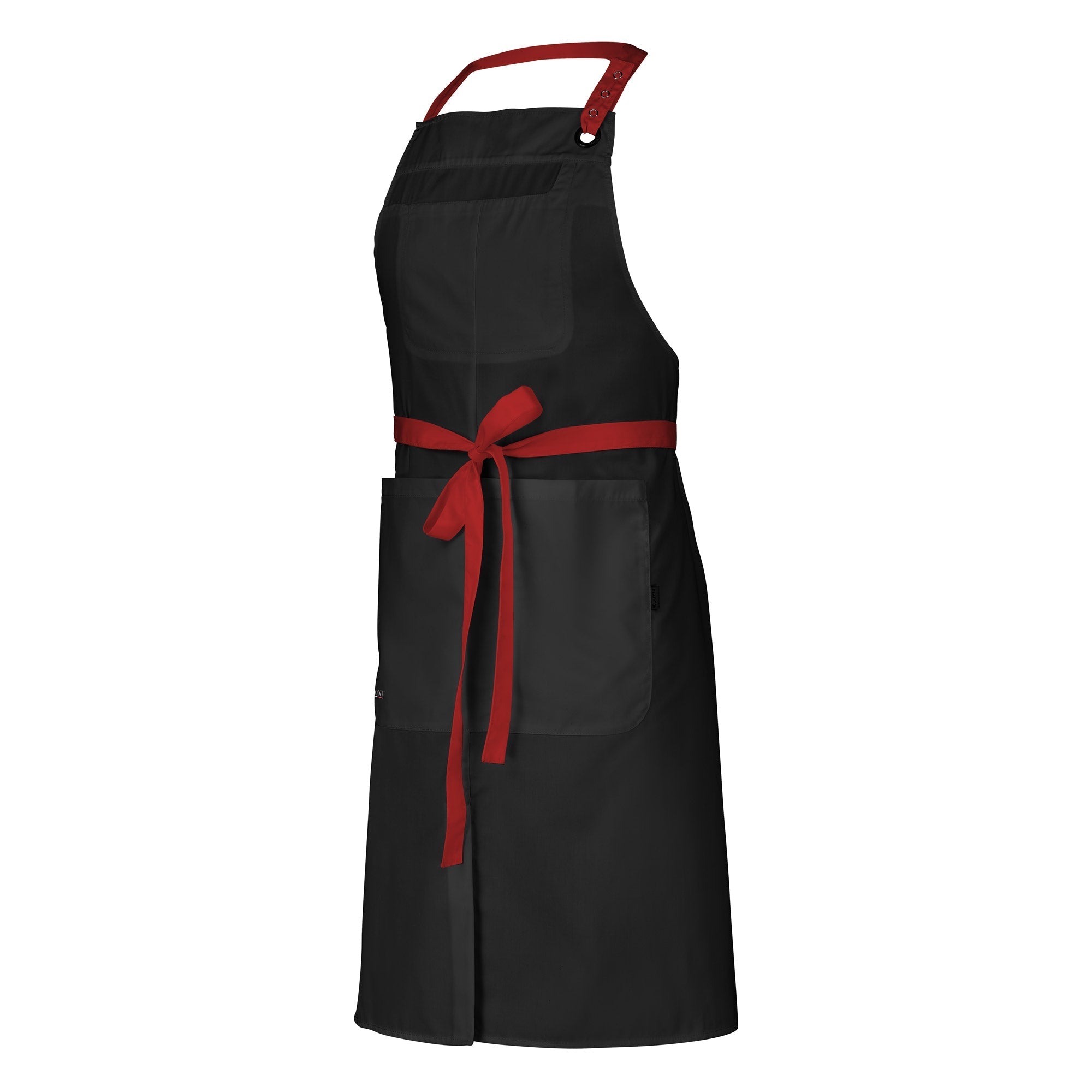 A black bib apron with red adjustable neck strap and ties, a bib pocket, and a large twin-compartment pocket on the chest.