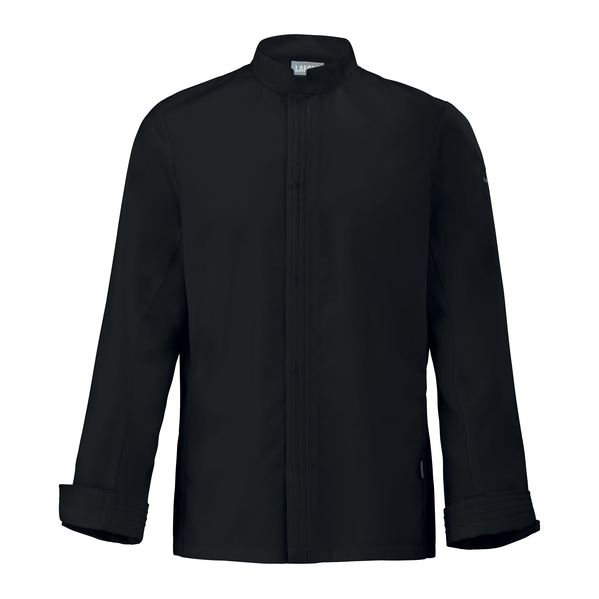 Front view of a Michelin chef black long sleeve chef's coat on a white background