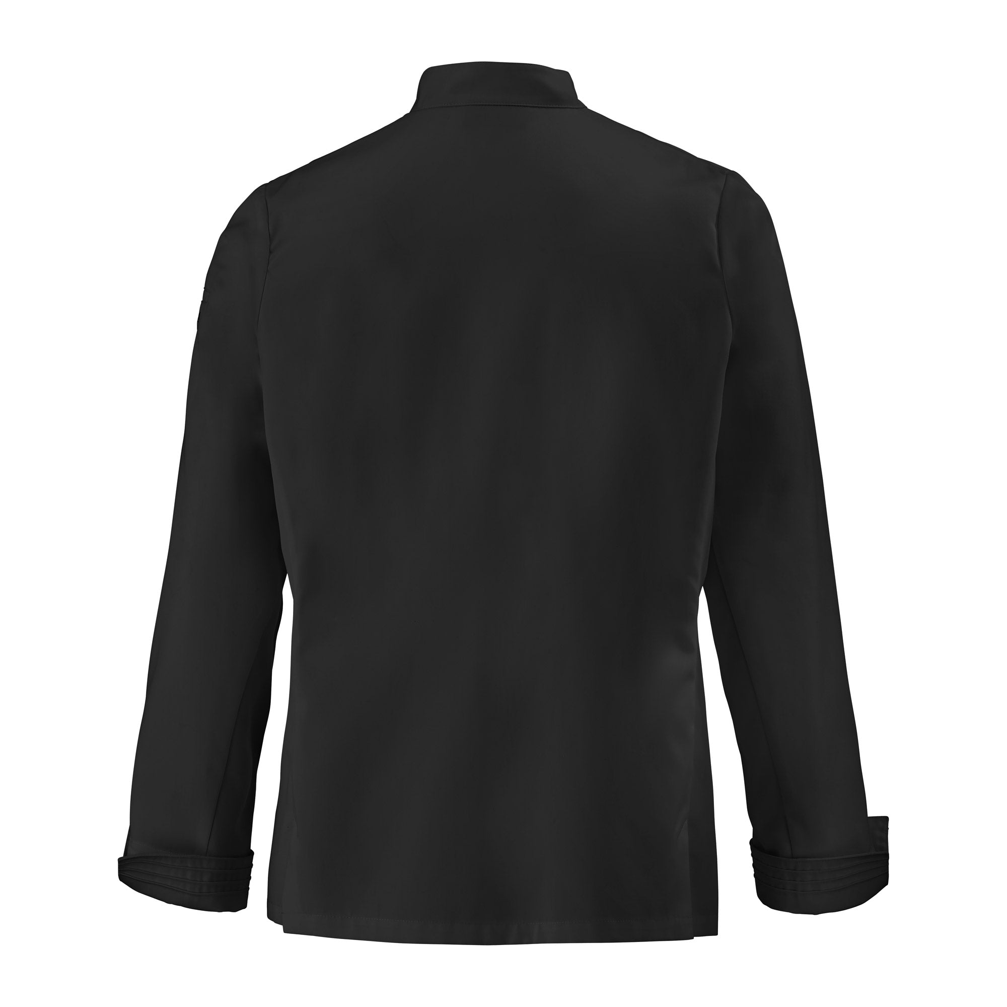 Back side view of a Michelin chef black long sleeve chef's coat on a white background
