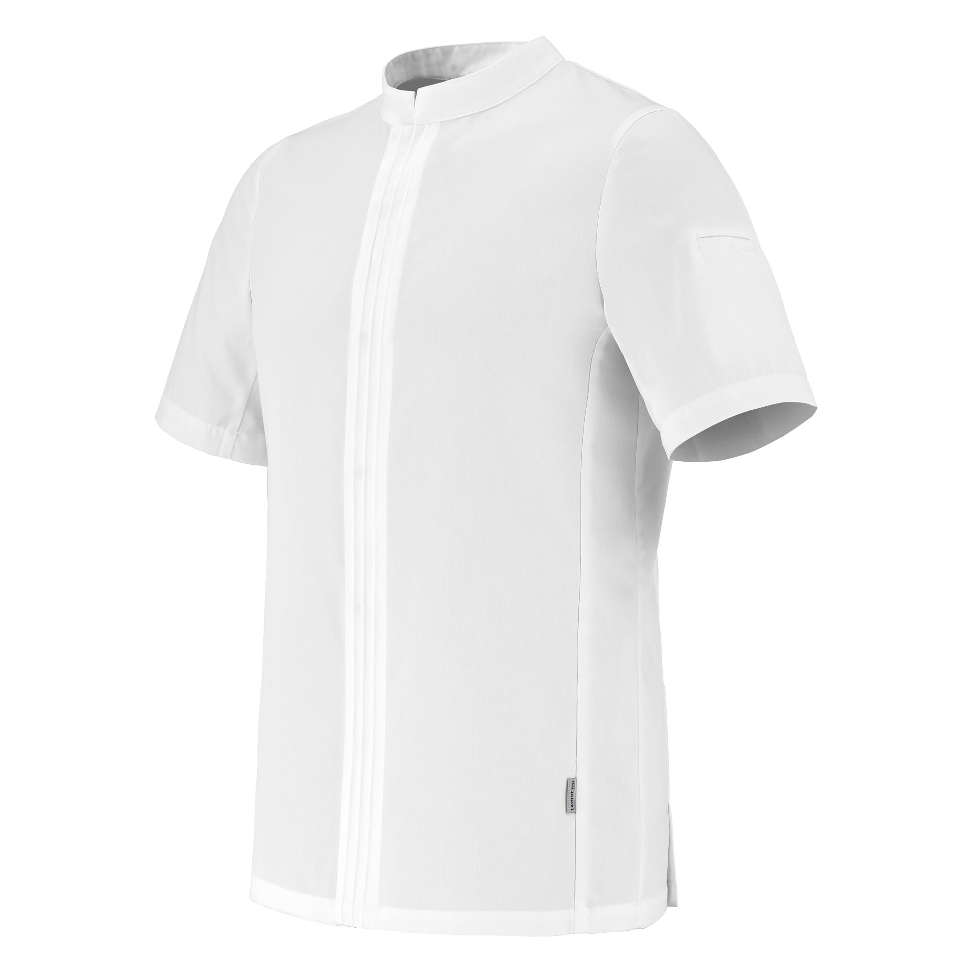 Side view of a white short-sleeve chef jacket with hidden closure on a white background