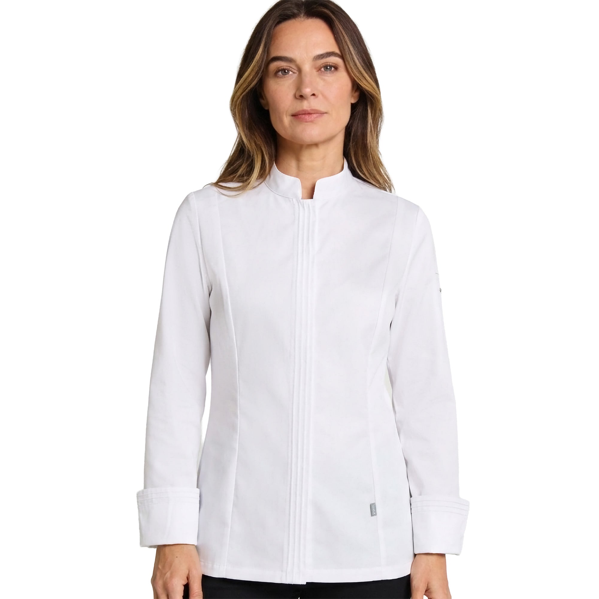 Woman wearing a white chef's jacket on a white background