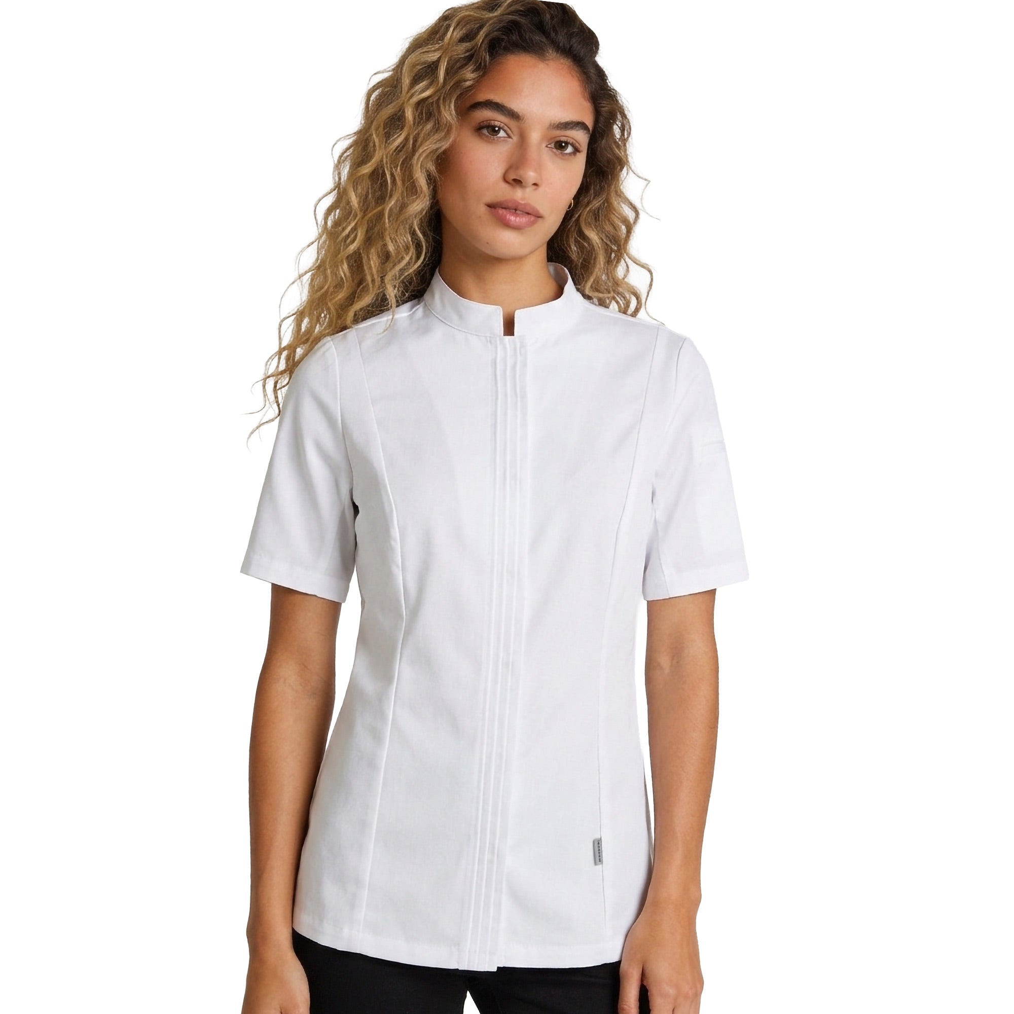 CRISTAL short sleeve chef coat on a woman