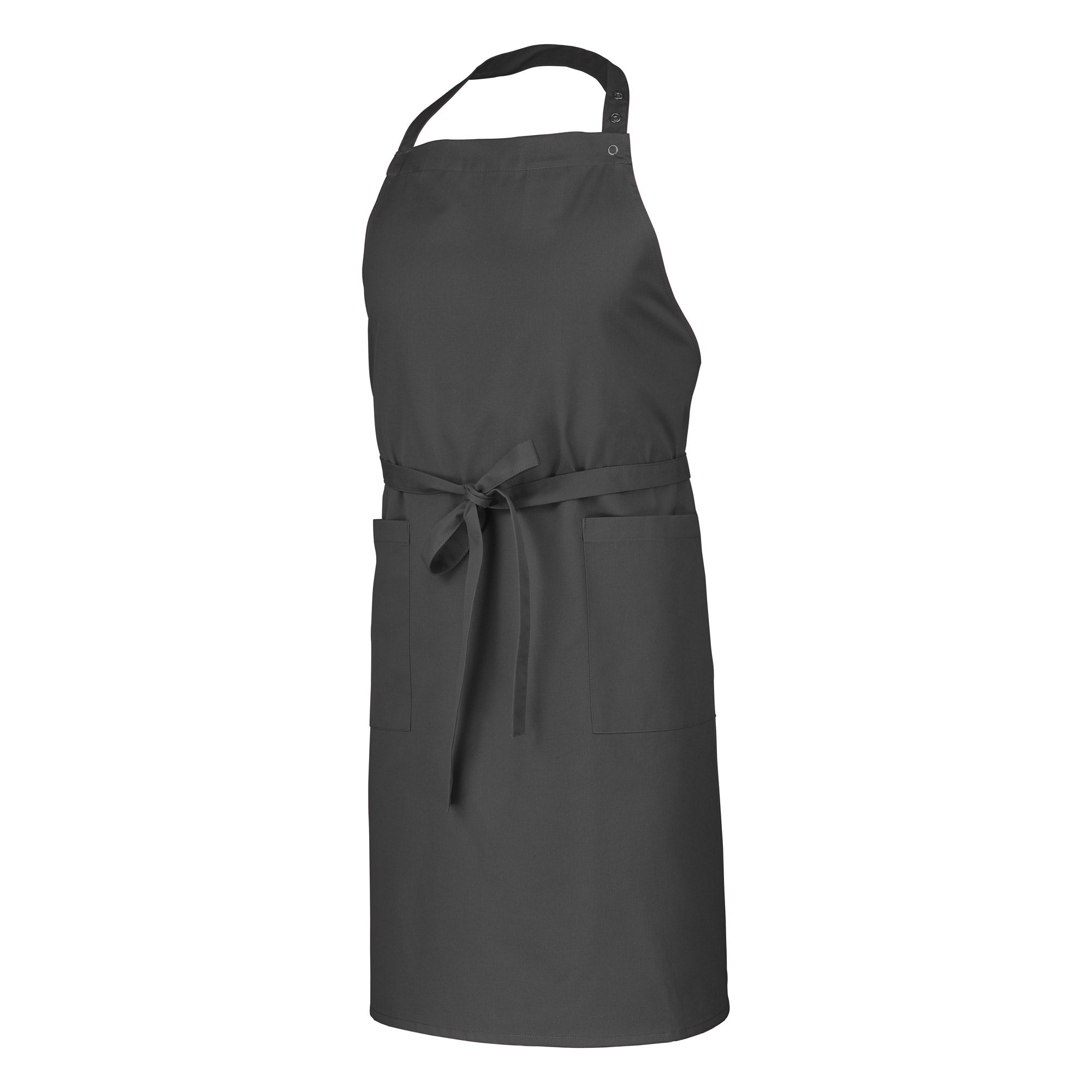 A brown bib apron with adjustable neck strap and tie waist, featuring two patch pockets.