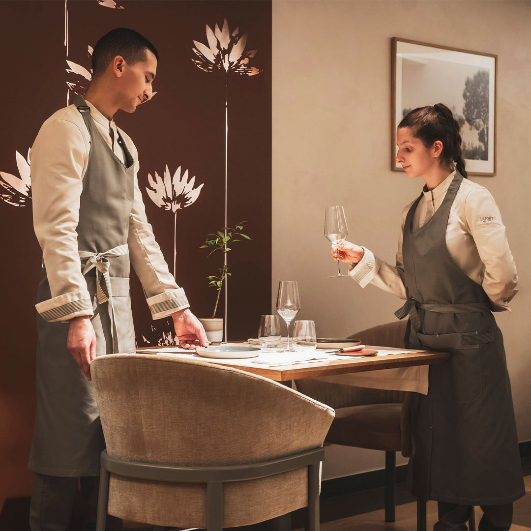 Pants, shirts and aprons for waiters and waitresses.