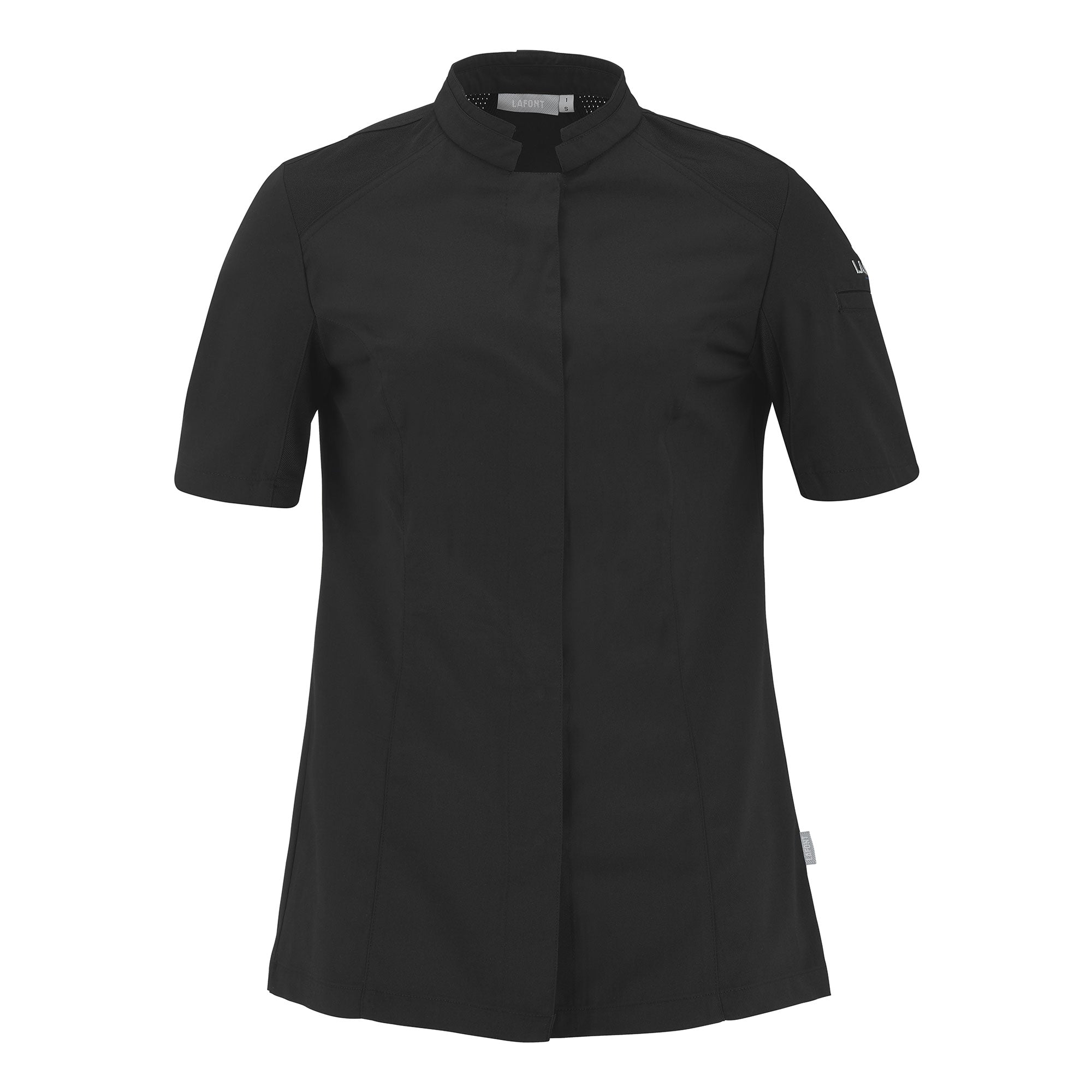 Front view of a black Marjoram Women's Long Sleeve Chef Coat with ventilated panels