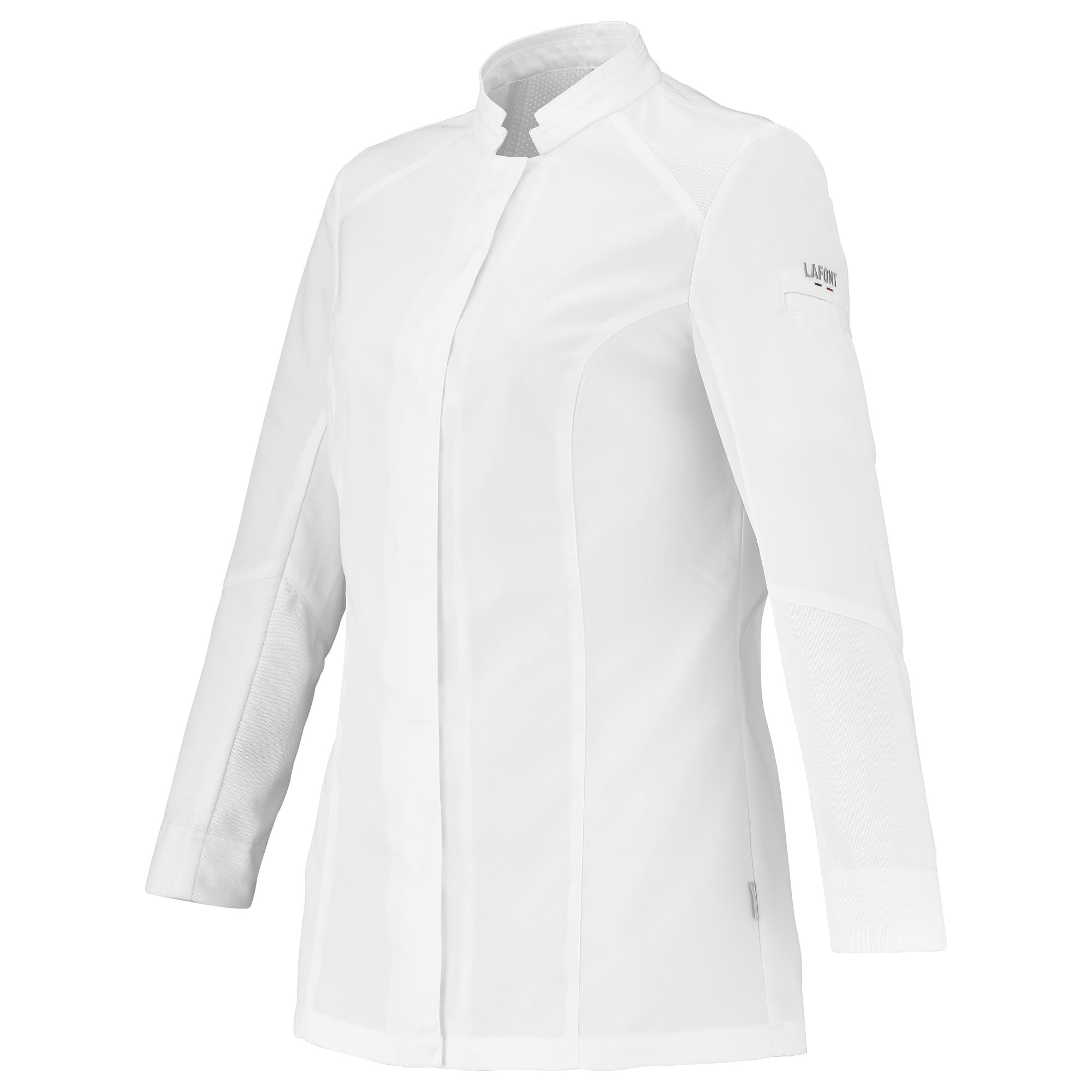 A picture of a white Marjoram Women's Long Sleeve Chef Coat that is Fitted for Active Kitchen Work