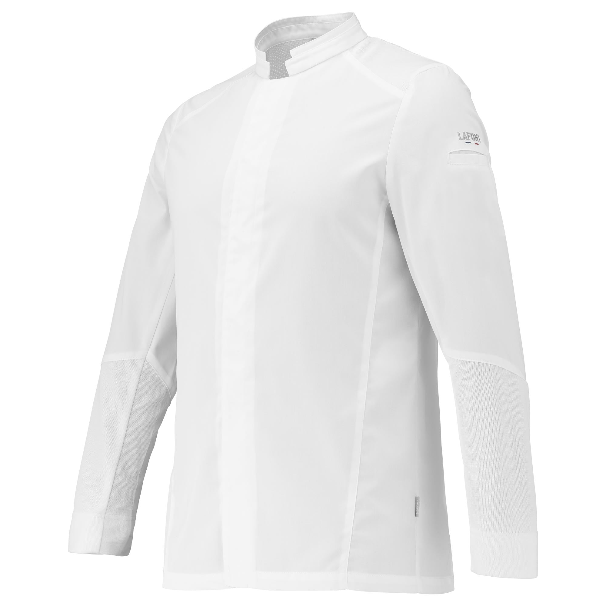 A white long-sleeve men's chef coat with a mandarin collar and a central front fastening. It features elasticated panels on the upper back and a loop on the back collar for securing an apron.