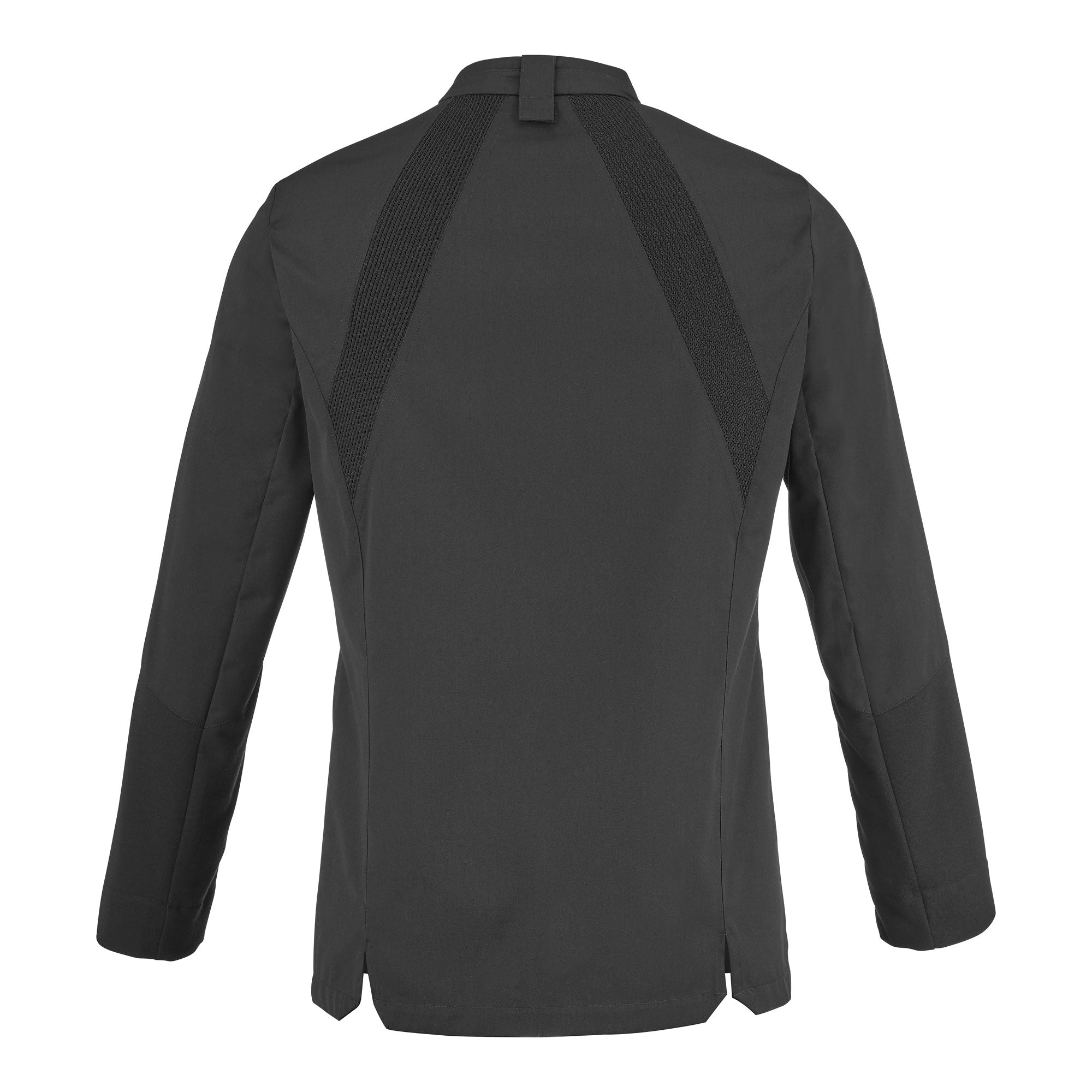 A classic black long-sleeve men's chef coat with elasticated panels on the upper back and a loop on the back collar for securing an apron.