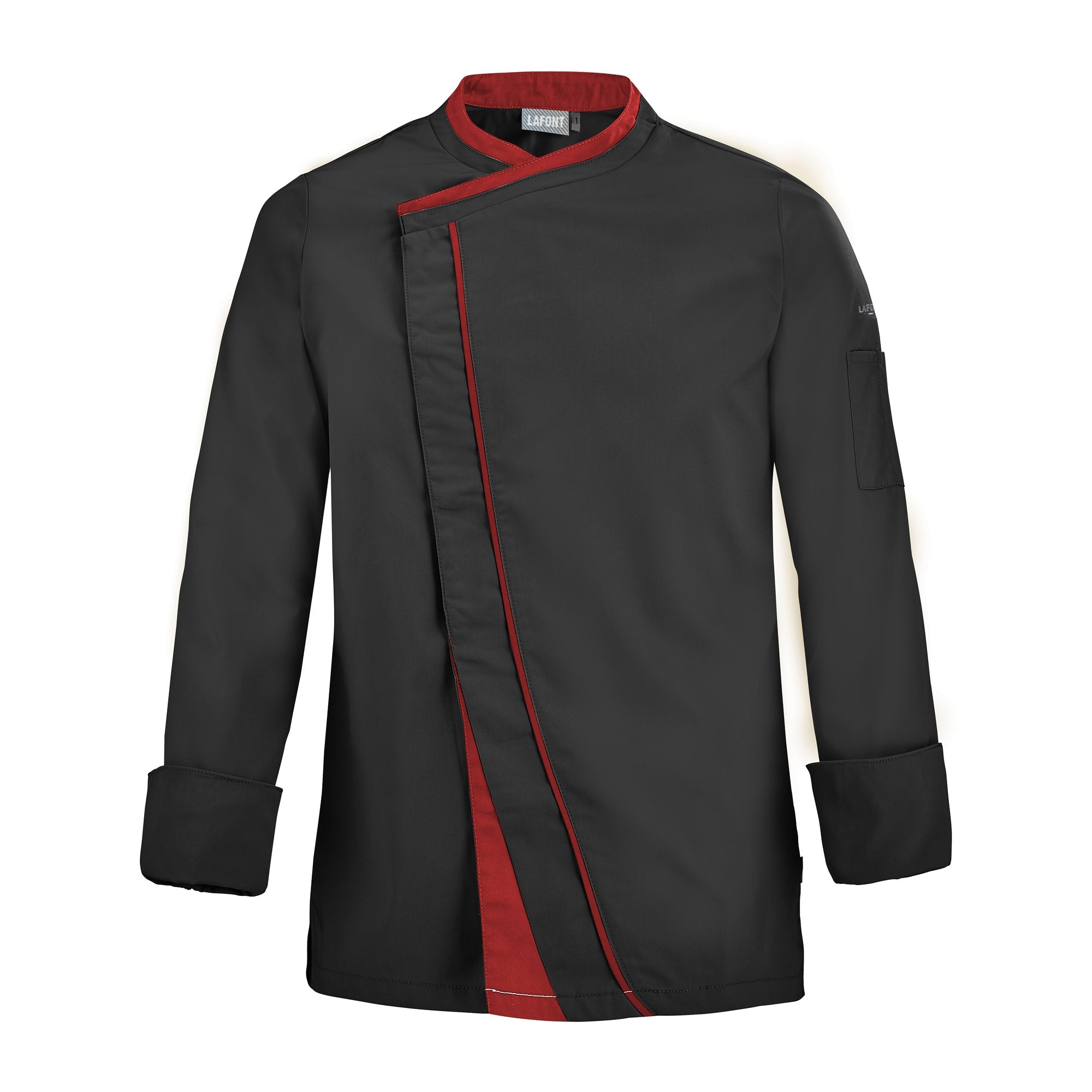 Front view of a black chef's coat with red contrast contrast detail and crossover closure with concealed fastening.