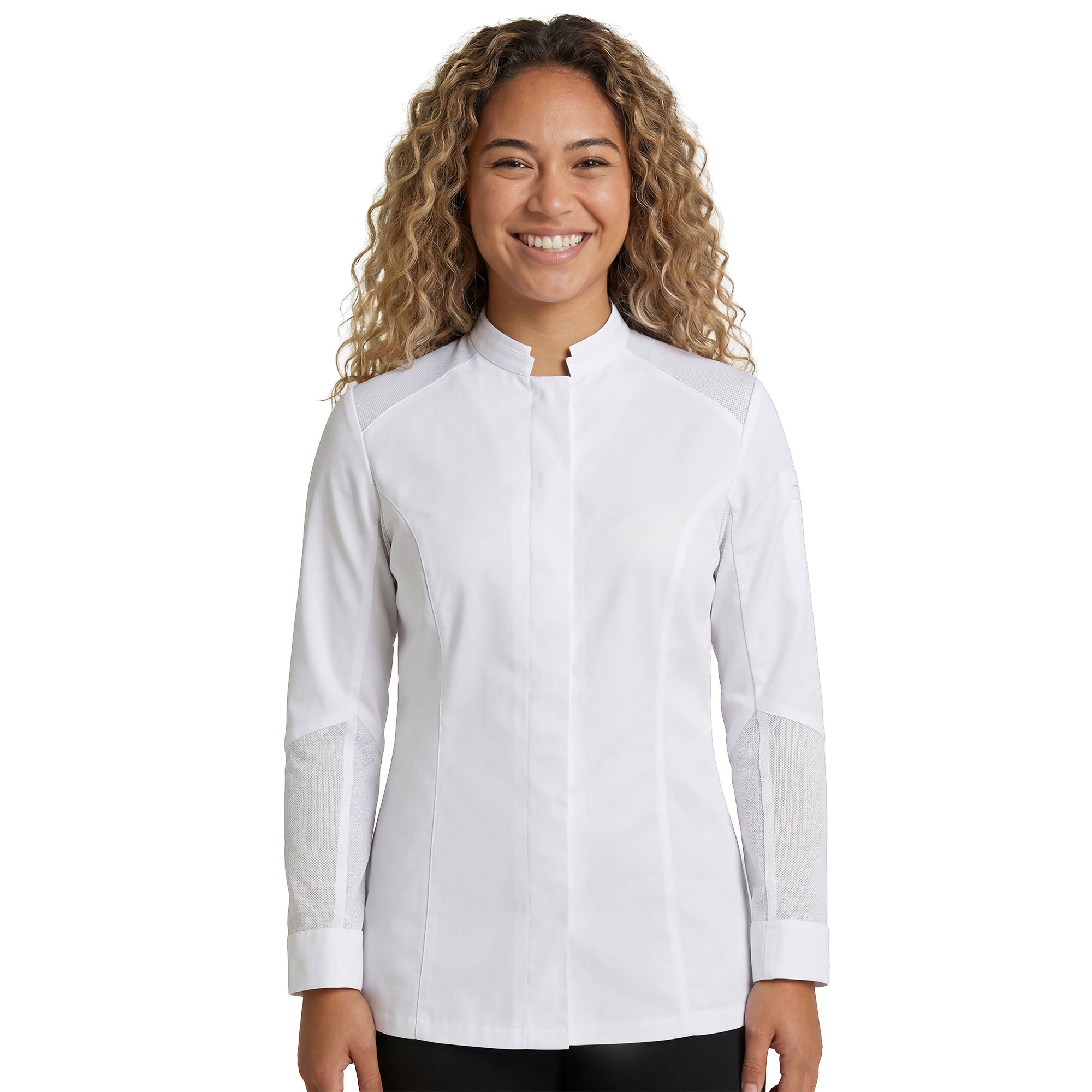 A woman chef wearing a white Marjoram Women's Long Sleeve Chef Coat with ventilated panels for staying cool and Fitted for Active Kitchen Work