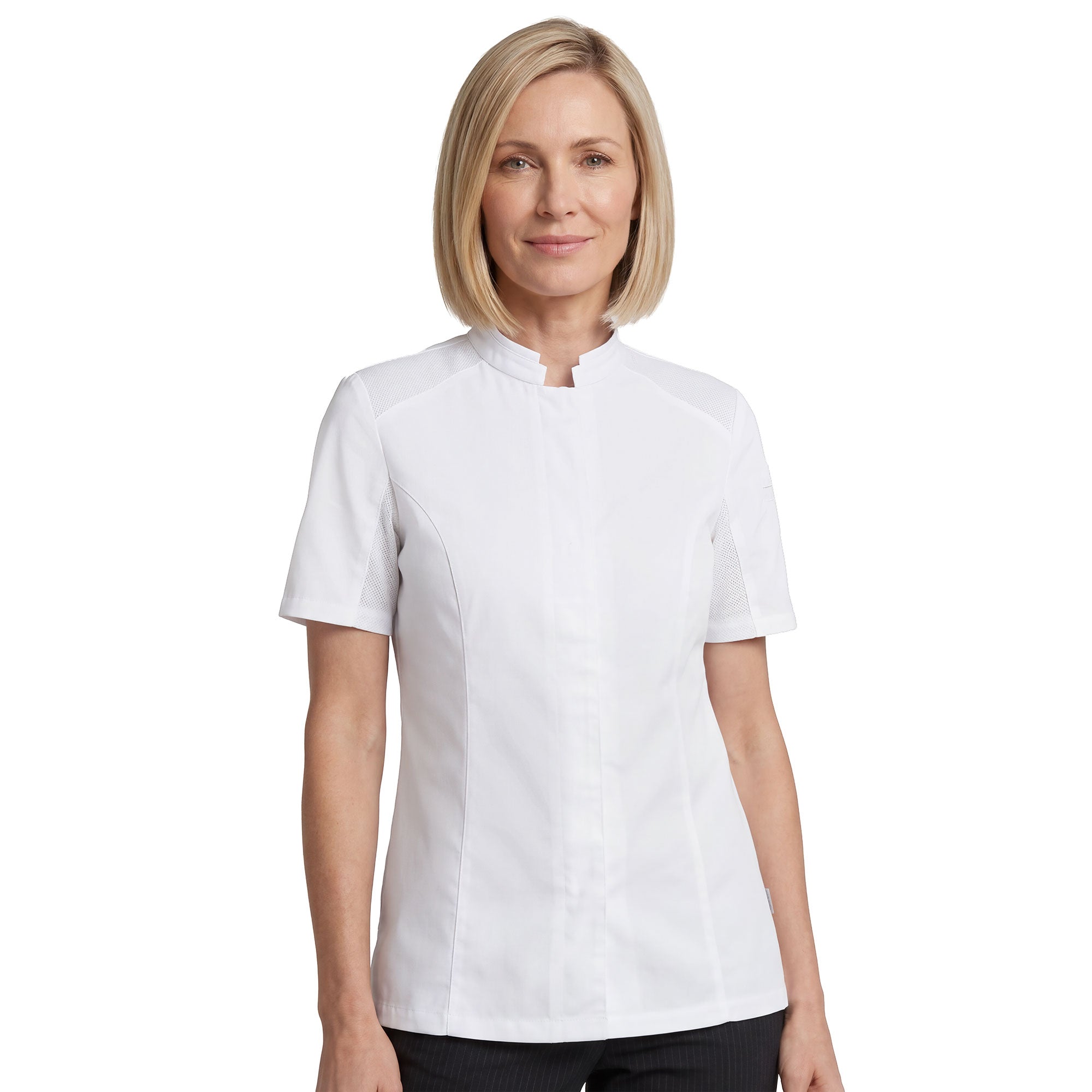 Marjoram Women's Short Sleeve Chef Coat ventilated for coolness, ready for an active kitchen