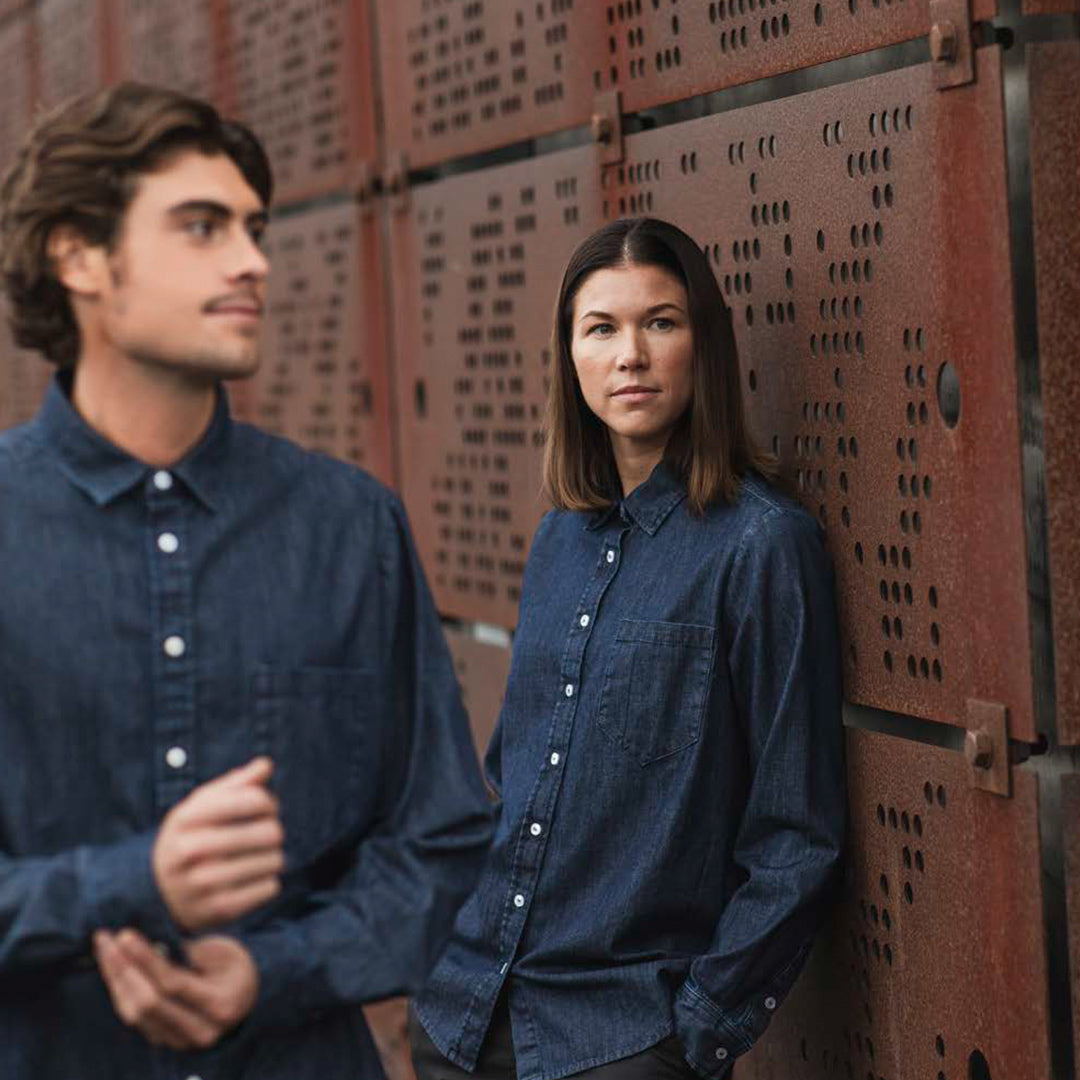 Man and Women in Unisex denim Service Shirts