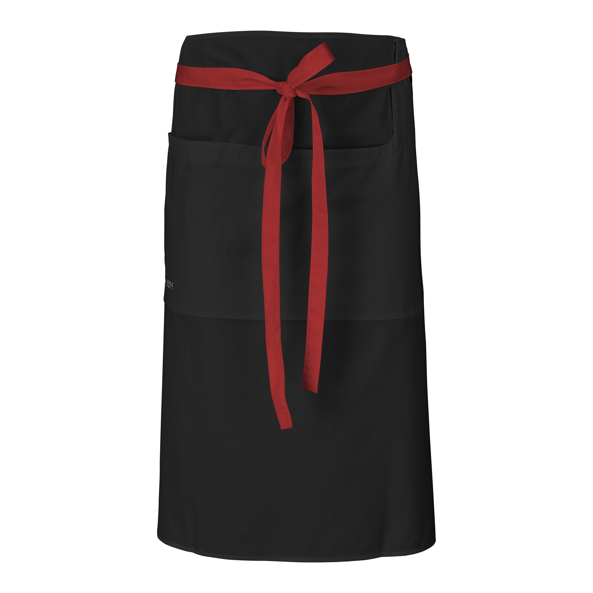 A black waist apron with a red waist ties