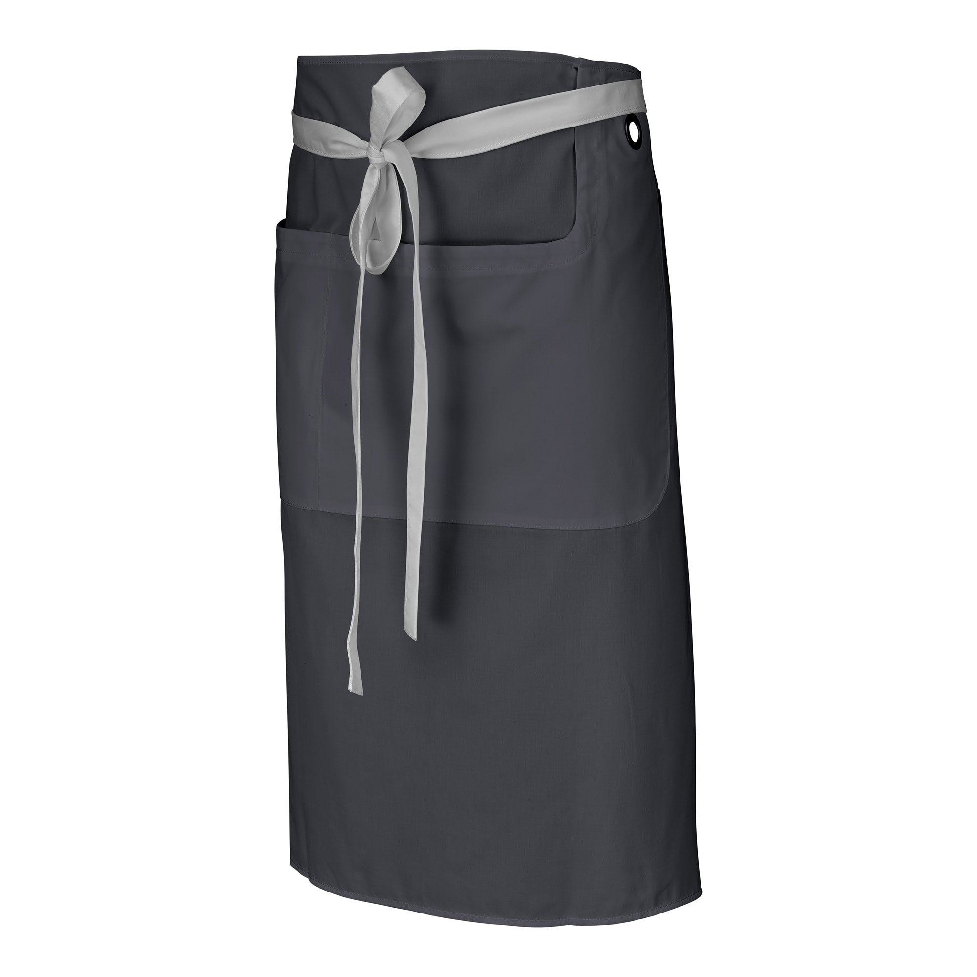 A dark gray short half chef apron with a light gray tie and a pocket with several compartments.