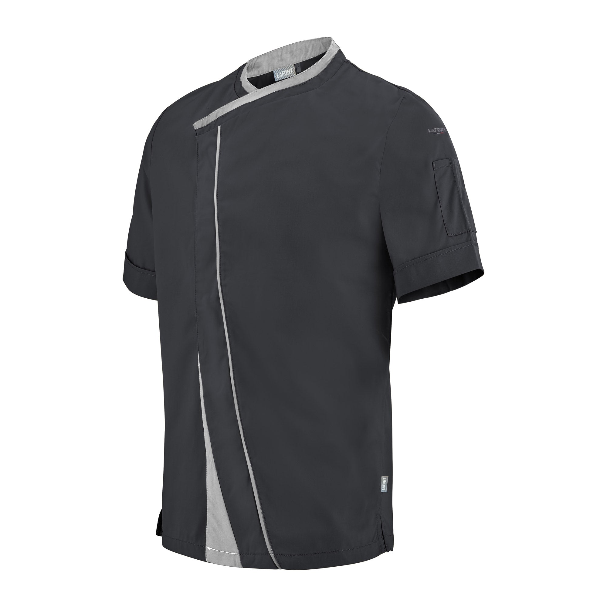 Lafont PARSLEY dark gray with light gray contrast fabric, short sleeve men's chef coat, 1/4 view professional kitchen uniform.