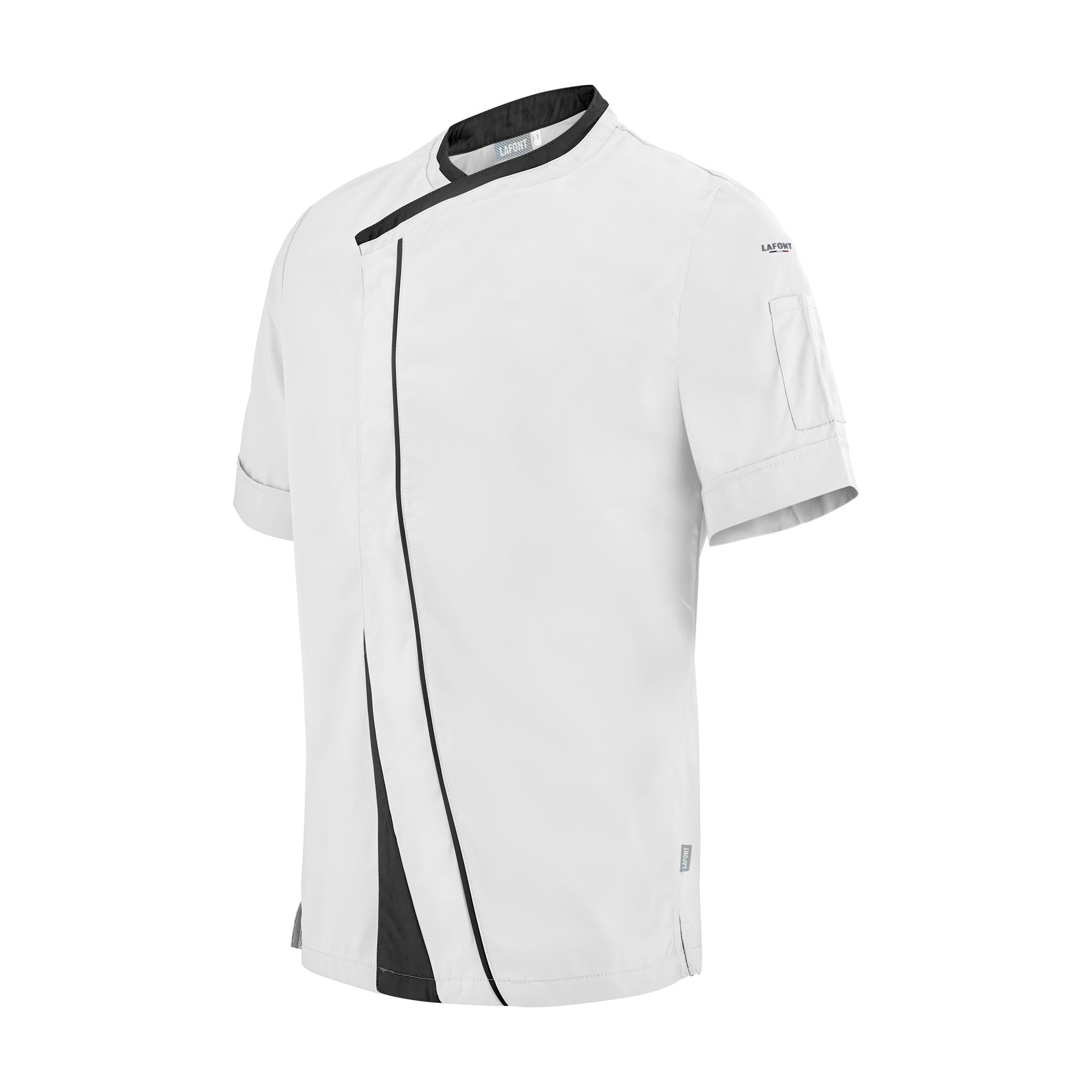 Lafont PARSLEY white with black contrast fabric, short sleeve men's chef coat, 1/4 view professional kitchen uniform.