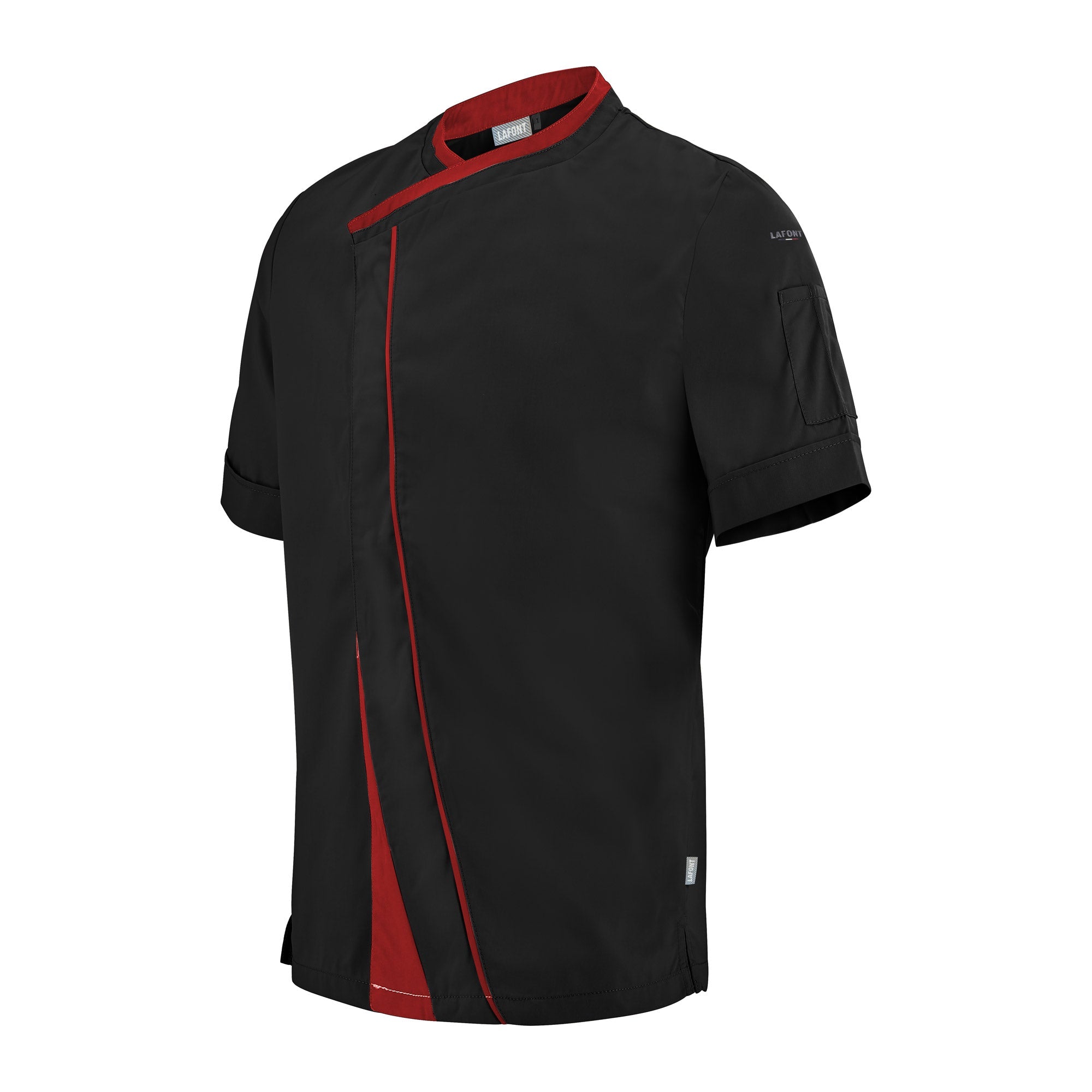 Lafont PARSLEY black with red contrast fabric, short sleeve men's chef coat, 1/4 view professional kitchen uniform.
