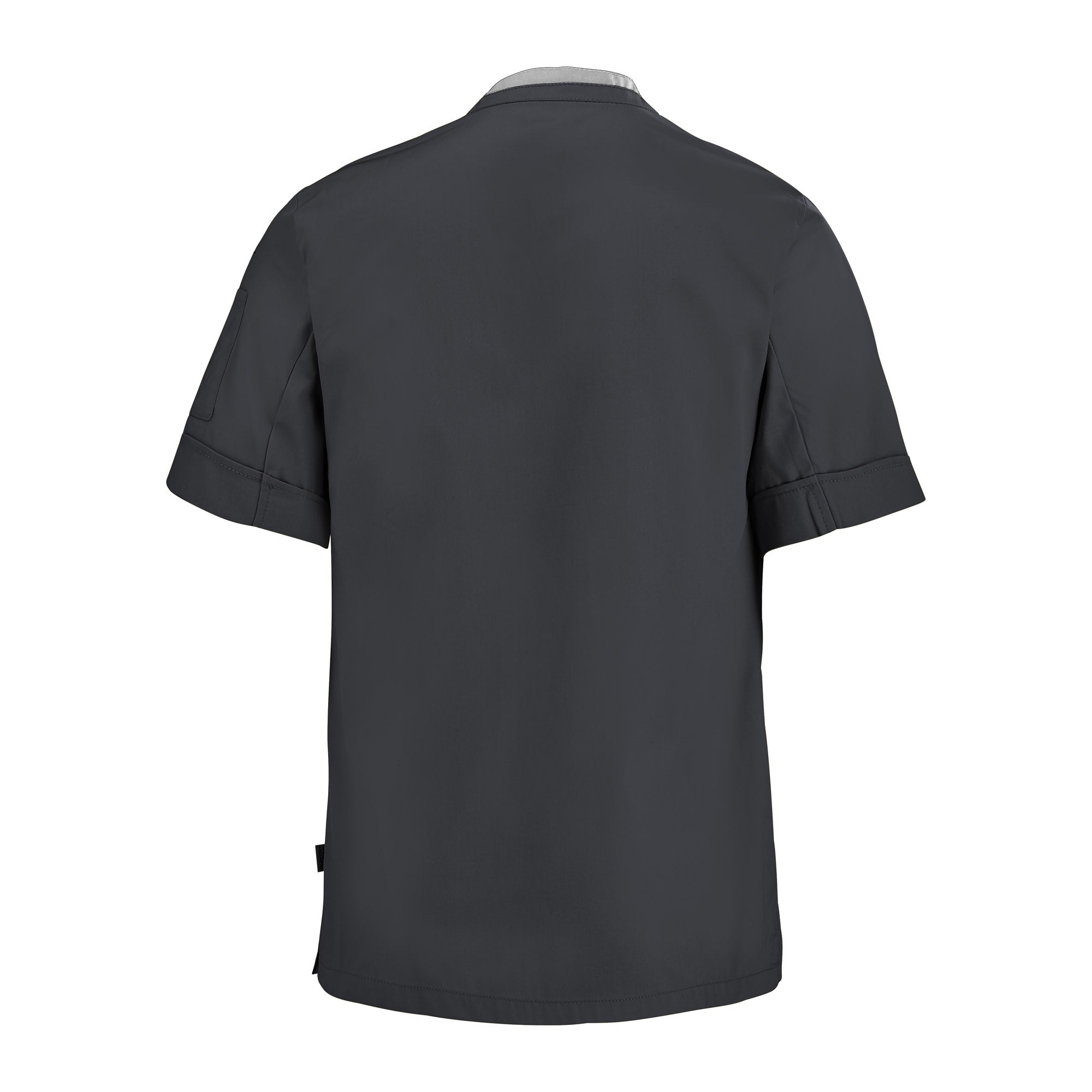 Lafont PARSLEY dark gray with light gray contrast fabric, short sleeve men's chef coat, back view professional kitchen uniform.