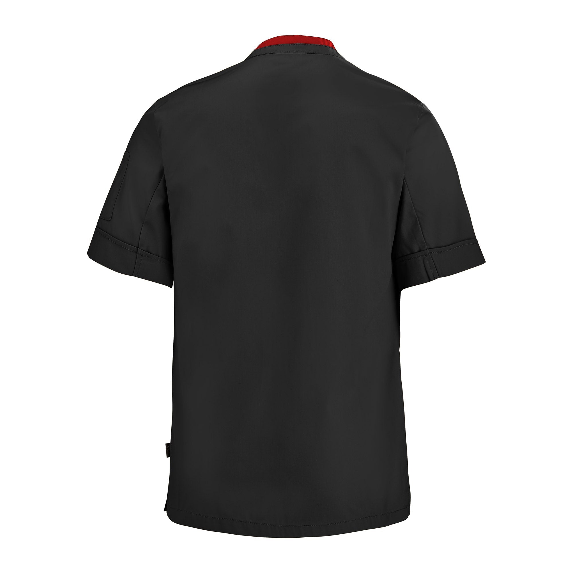 Lafont PARSLEY black with red contrast fabric, short sleeve men's chef coat, back view professional kitchen uniform.