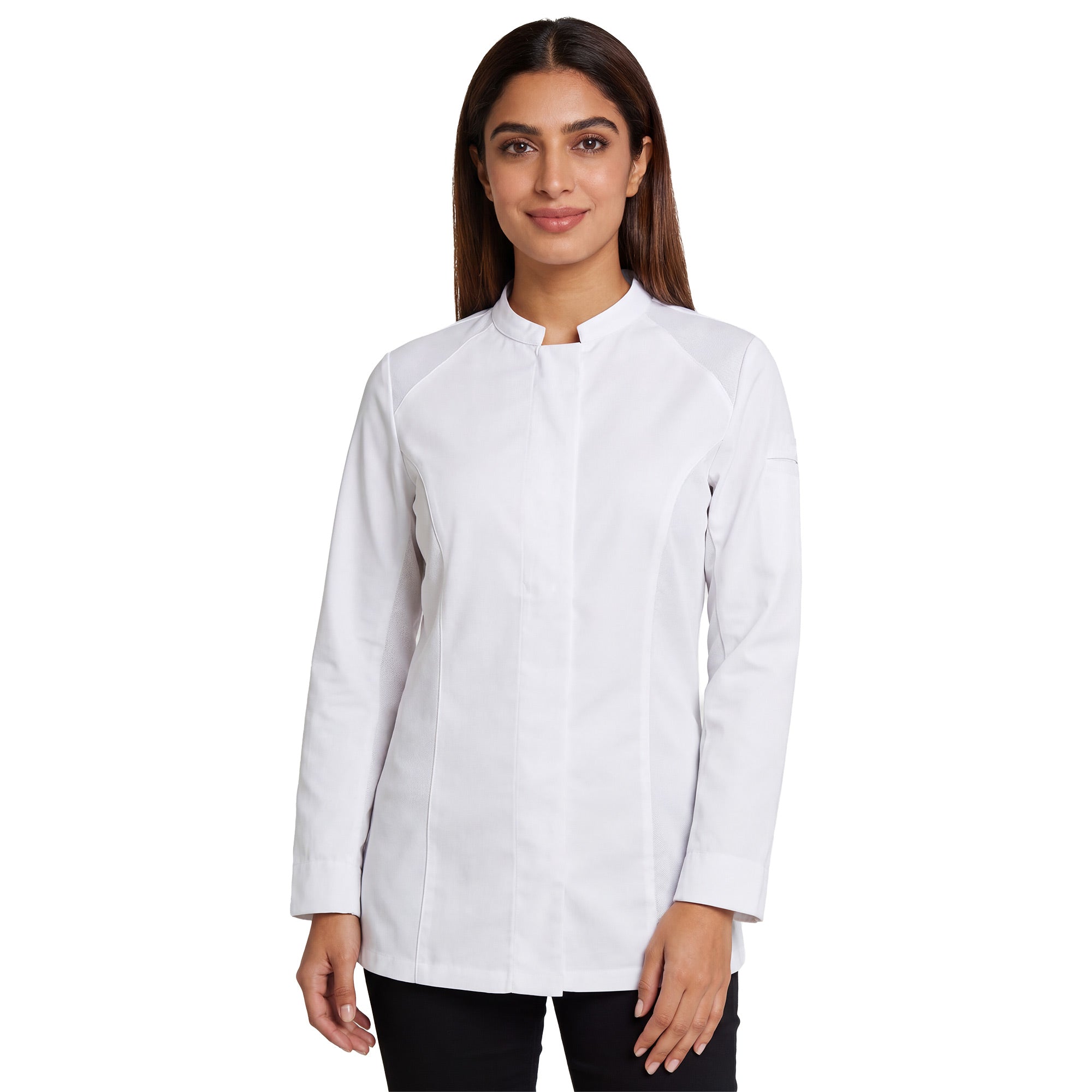 Woman chef wearing a white athletic fit chef's coat on a white background