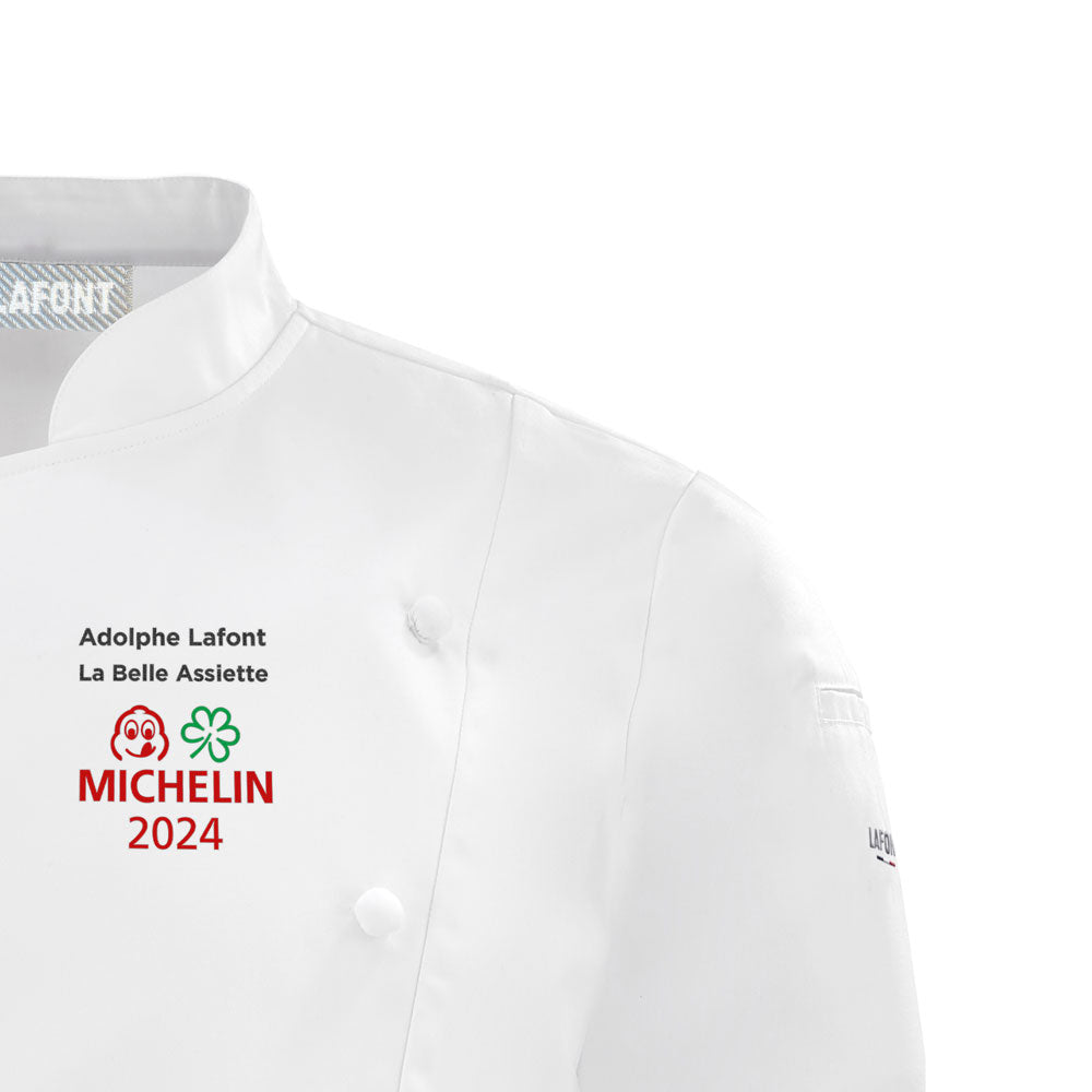 Custom Michelin embroidery on a white double breasted chef coat