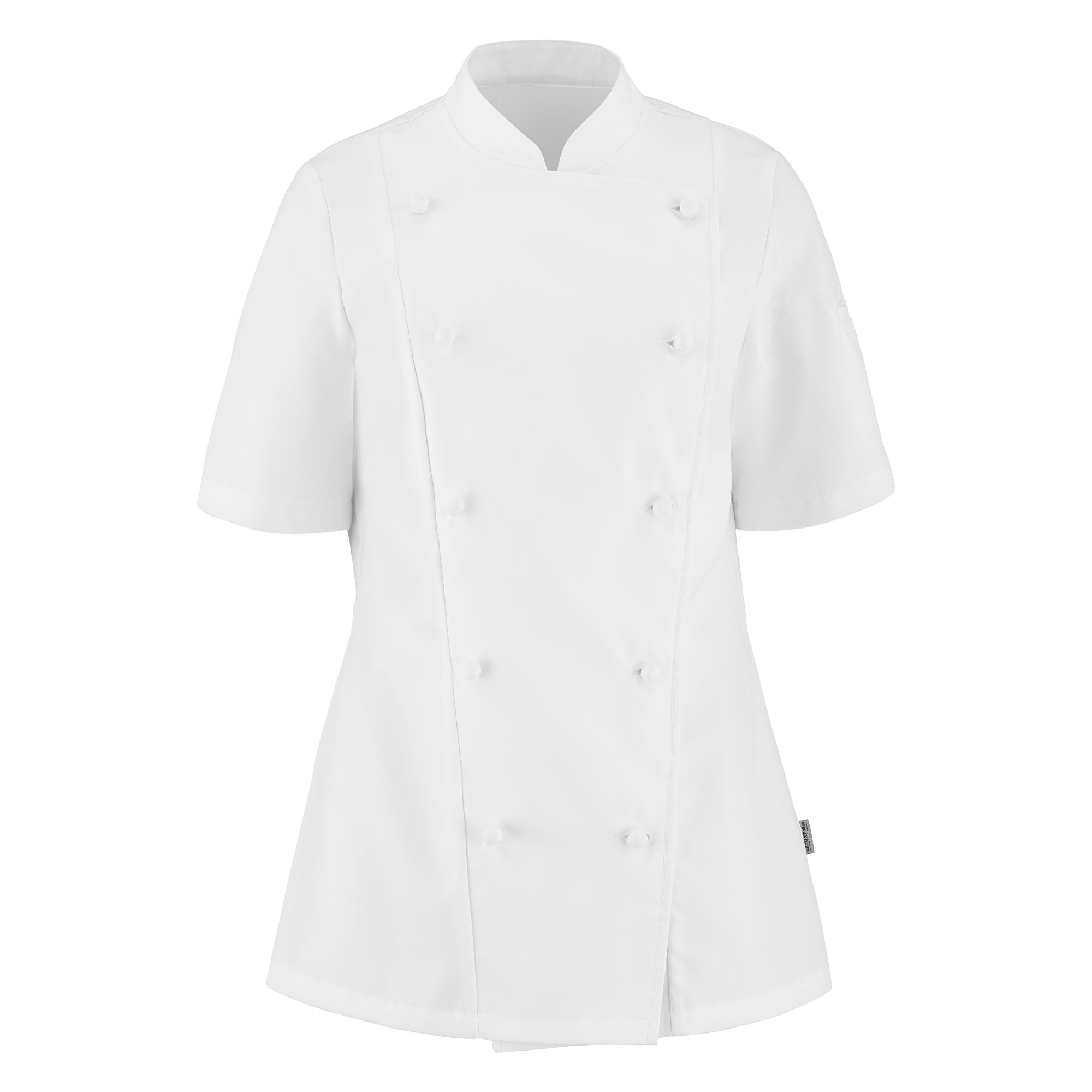Front view of a white, short-sleeved double-breasted women's chef coat with a mandarin collar, buttoned front, and vented cuffs.