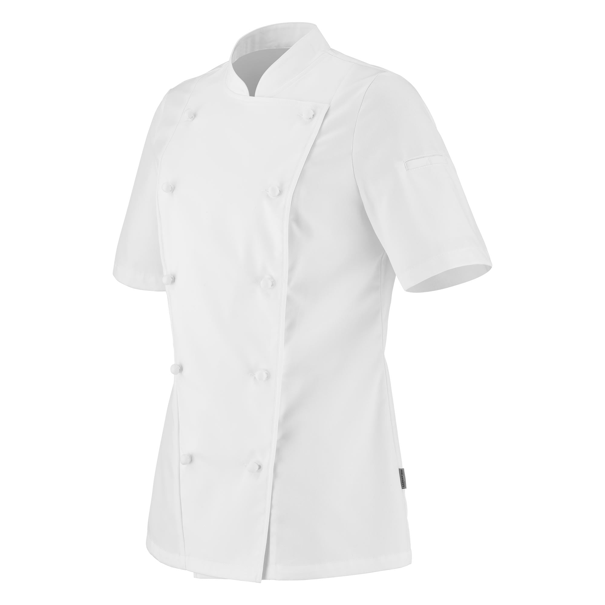 A white, short-sleeved double-breasted women's chef coat with a mandarin collar, buttoned front, and vented cuffs.