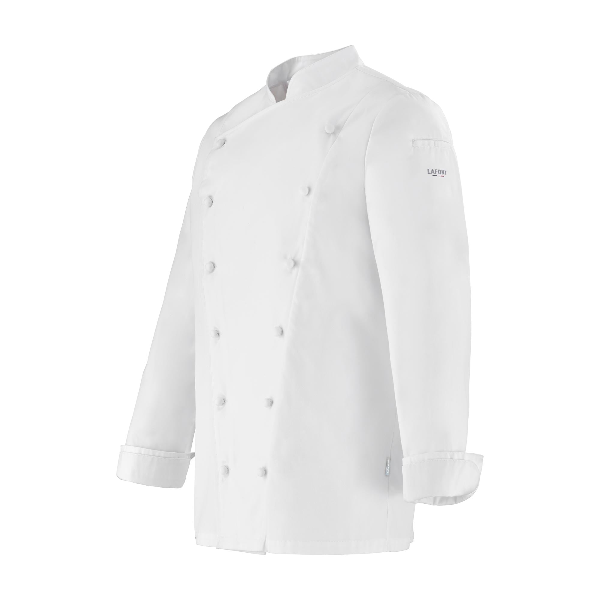 Side view of a white long-sleeve double breasted men's chef coat with buttoned closures and a small brand logo on the sleeve.