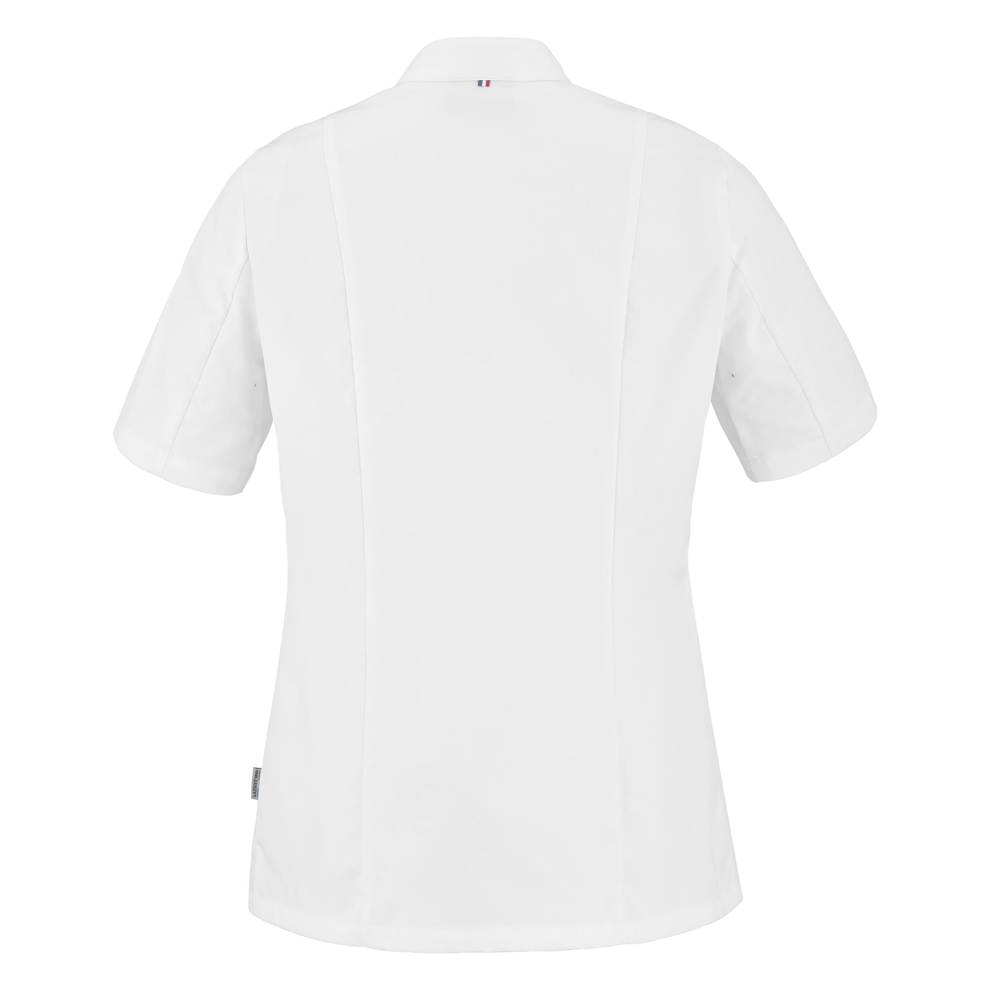 Back view of a white, short-sleeved double-breasted women's chef coat with a mandarin collar, buttoned front, and vented cuffs.
