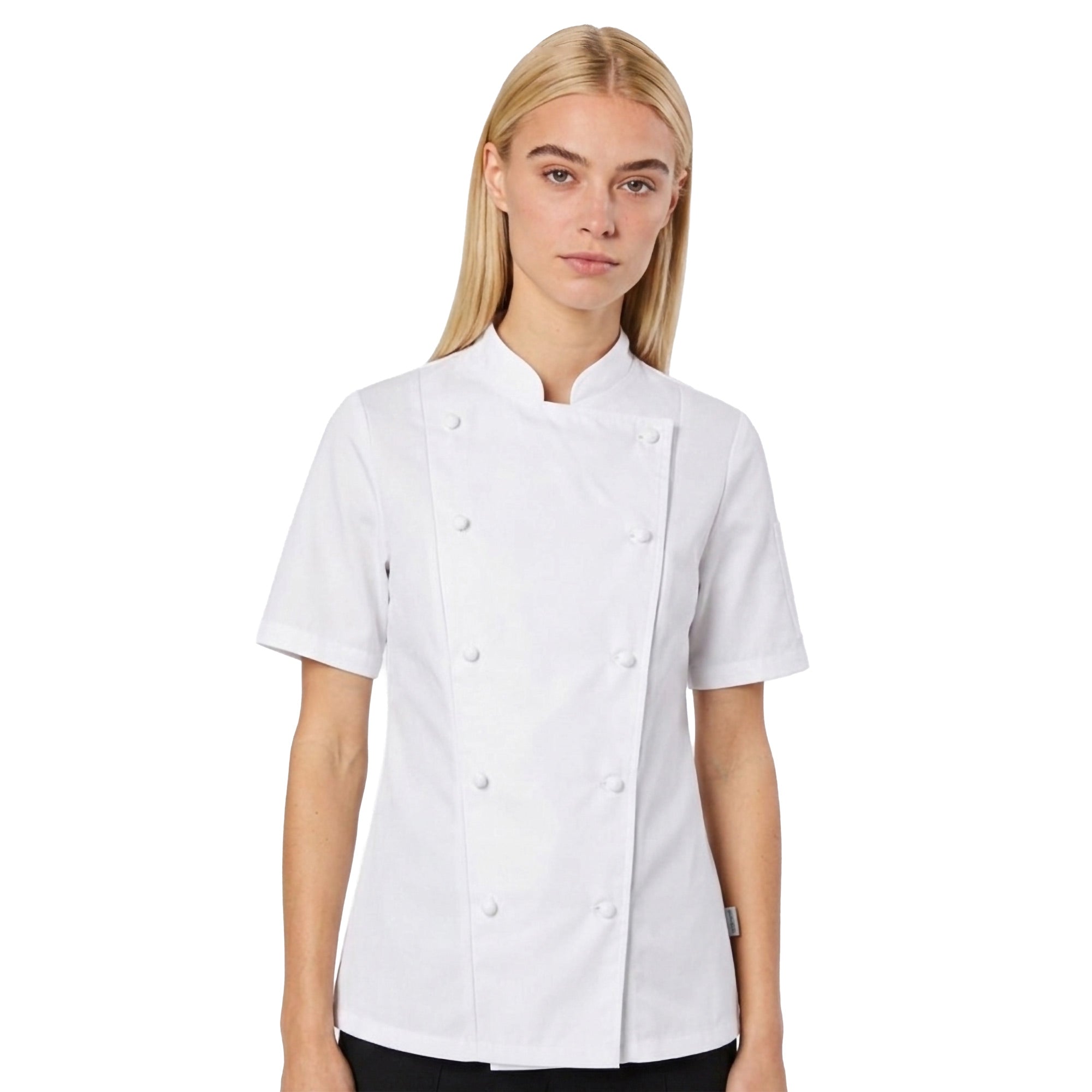 Woman wearing a white short sleeve double breasted chef's coat on a white background