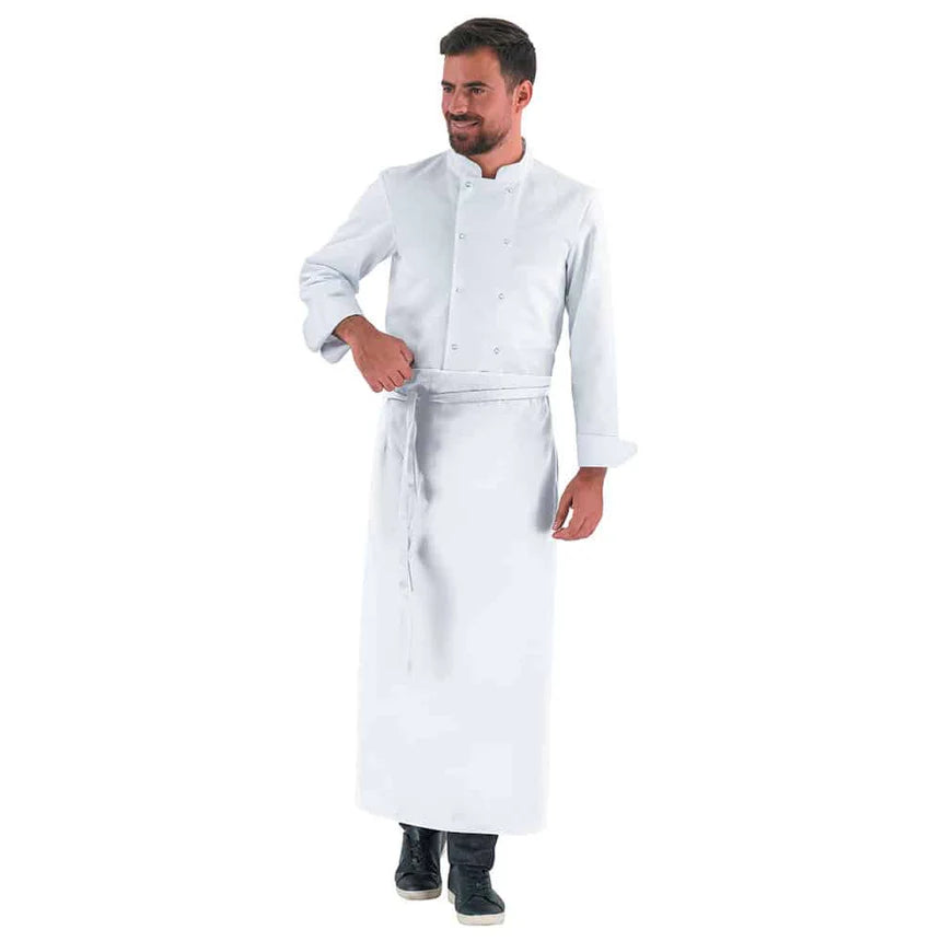 Restaurant waiter wearing a long waist apron with ties in front