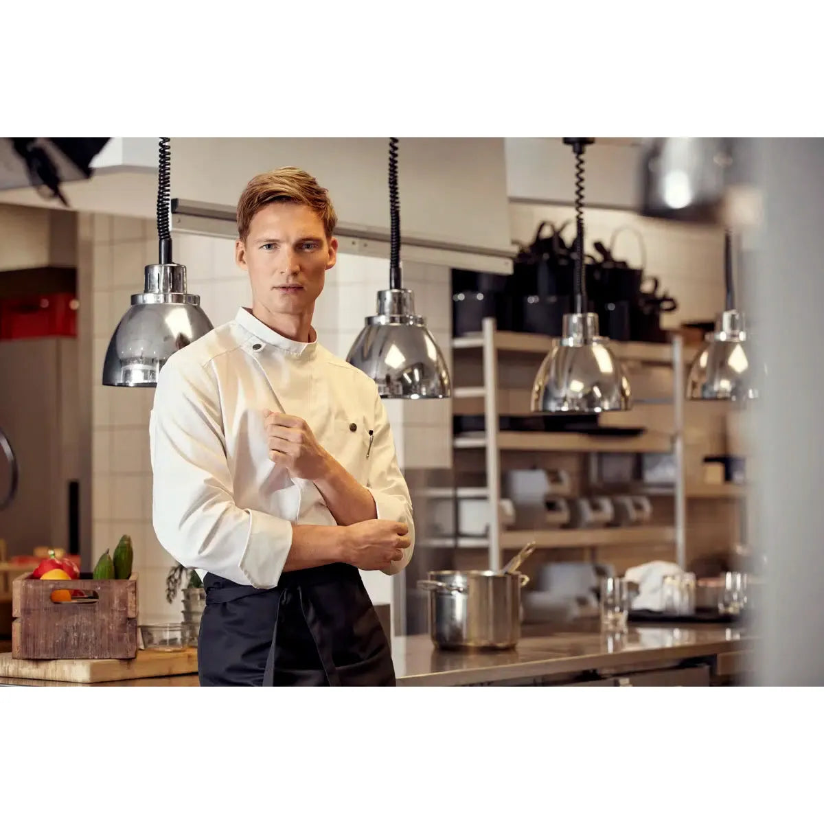 Modern long sleeve white Chef jacket on a sous chef