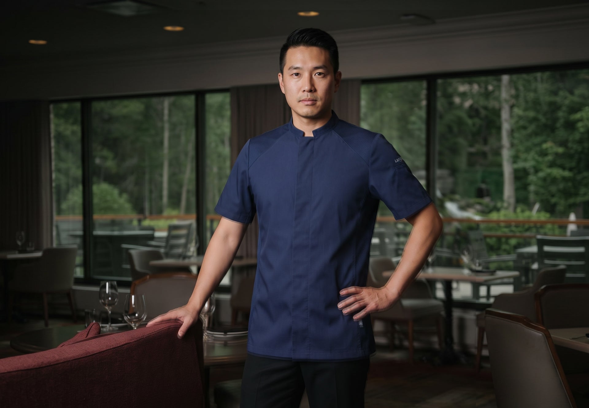 Navy chef coat. The Basil2 jacket by Lafont for professional kitchens