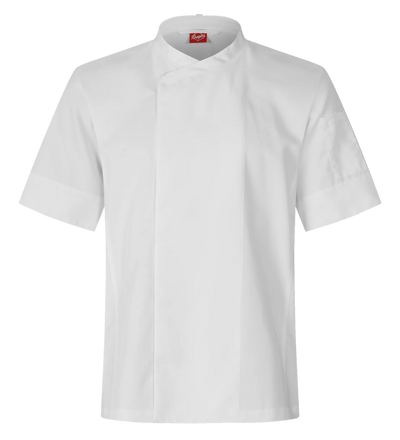 A white unisex chef's jacket with short sleeves